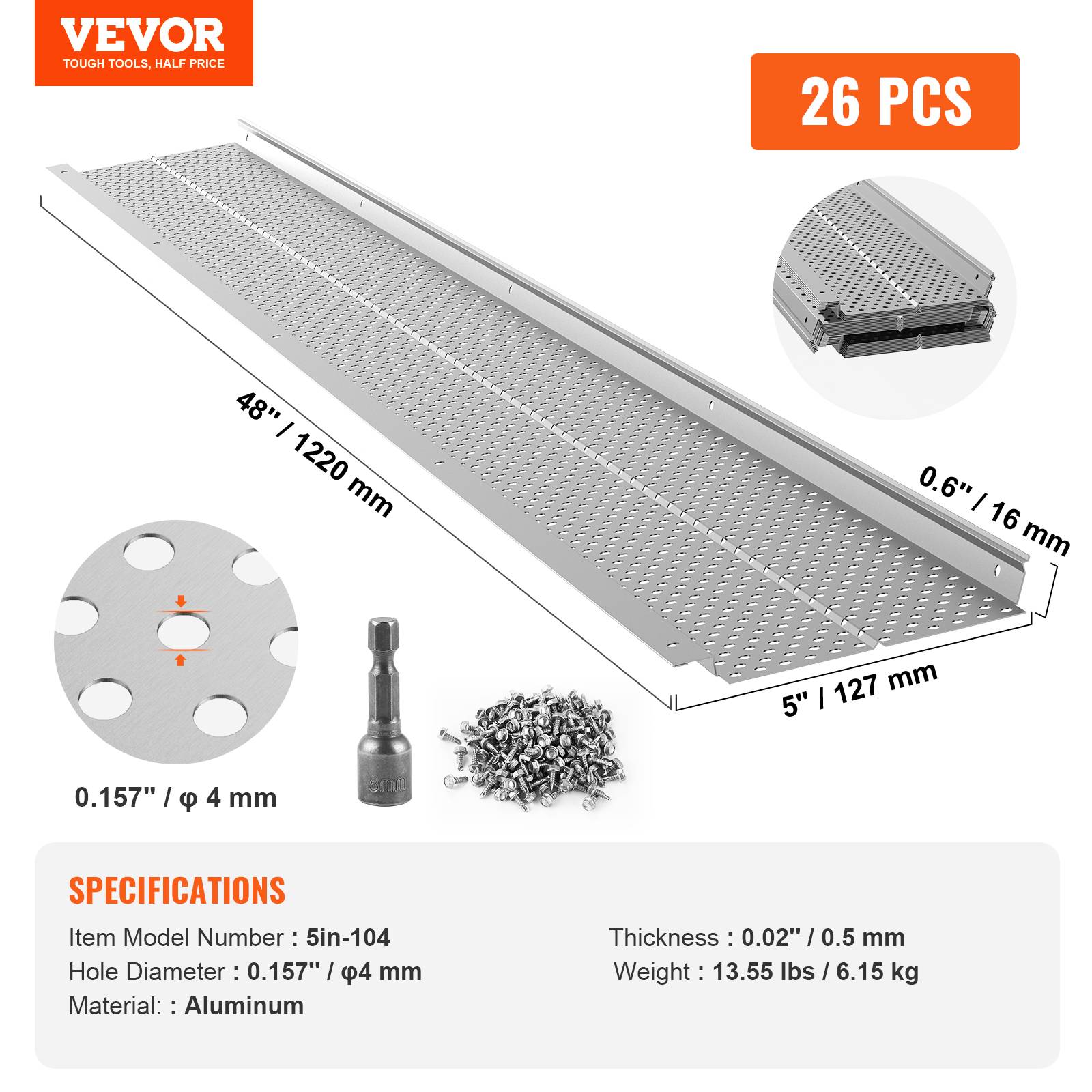 VEVOR Grille protection gouttière 127 mm, alu, 26 pièces, longueur totale 31,7 m. Anti-feuilles, trou 4 mm. - Image 7