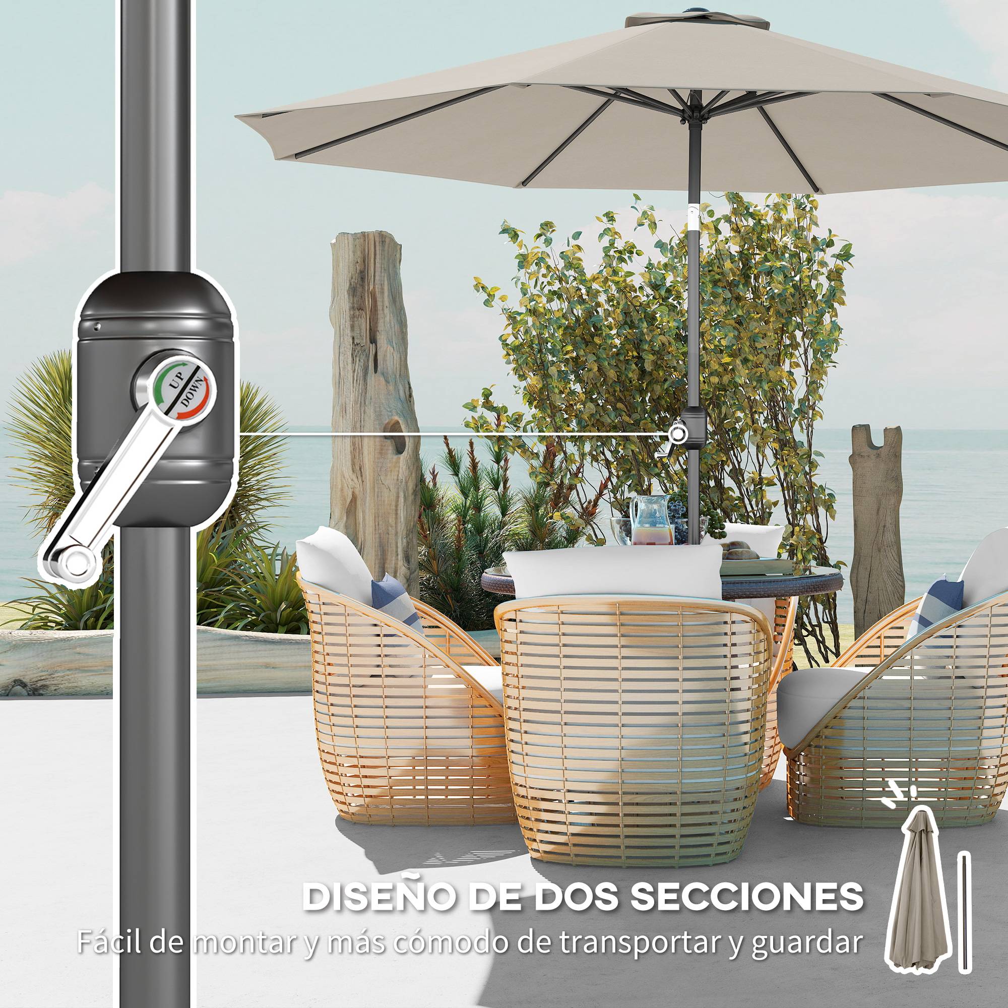 Parasol jardin Ø295x250 cm, manivelle, inclinaison, mat metal demontable, terrasse piscine, gris clair - Image 8