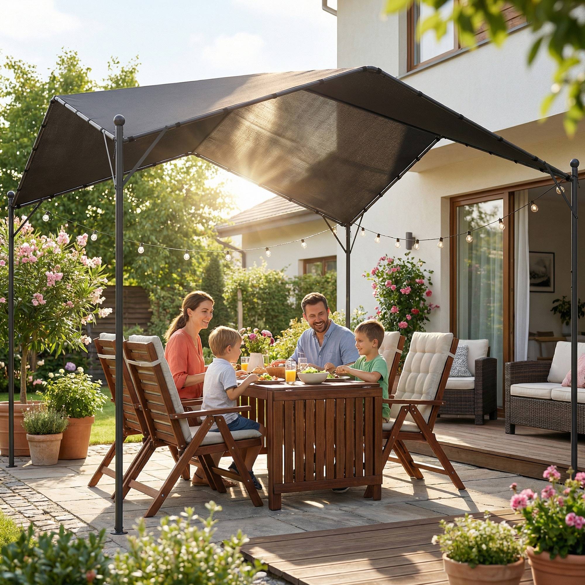 Pergola de jardin 3x3 m avec auvent UPF30+, structure en metal galvanise, toit incline, pavillon exterieur, gris - Image 9