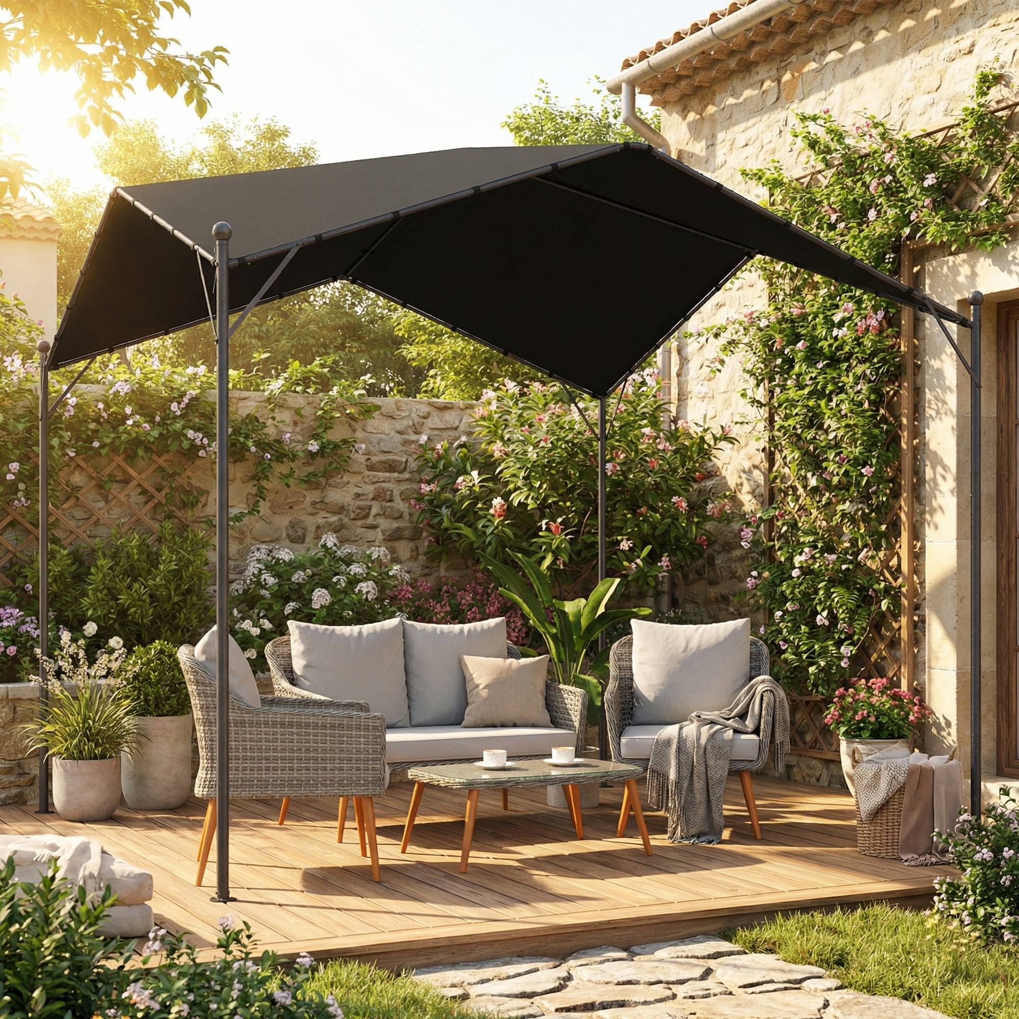 Pergola de jardin 3x3 m avec auvent UPF30+, structure en metal galvanise, toit incline, pavillon exterieur, gris - Image 10