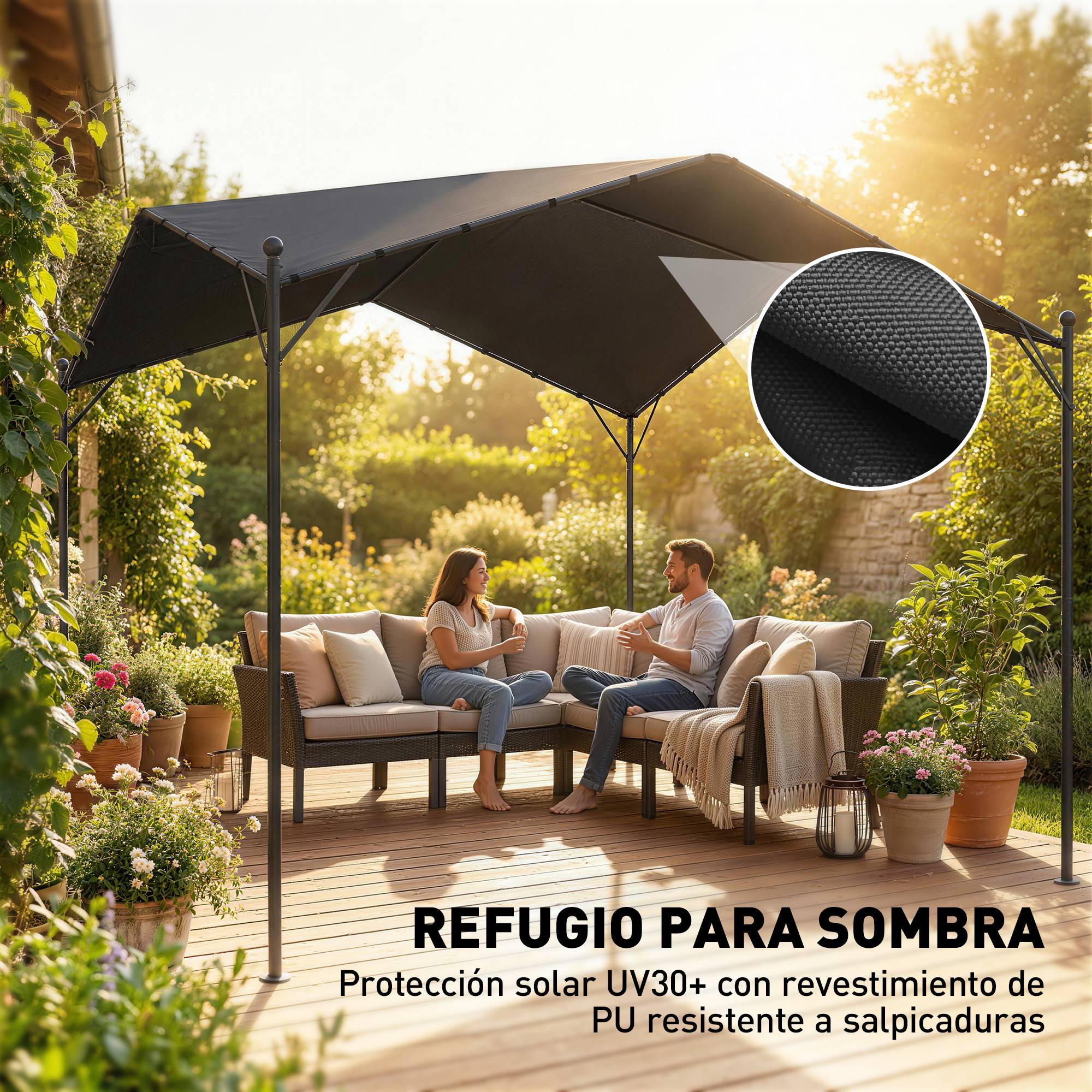 Pergola de jardin 3x3 m avec auvent UPF30+, structure en metal galvanise, toit incline, pavillon exterieur, gris - Image 8