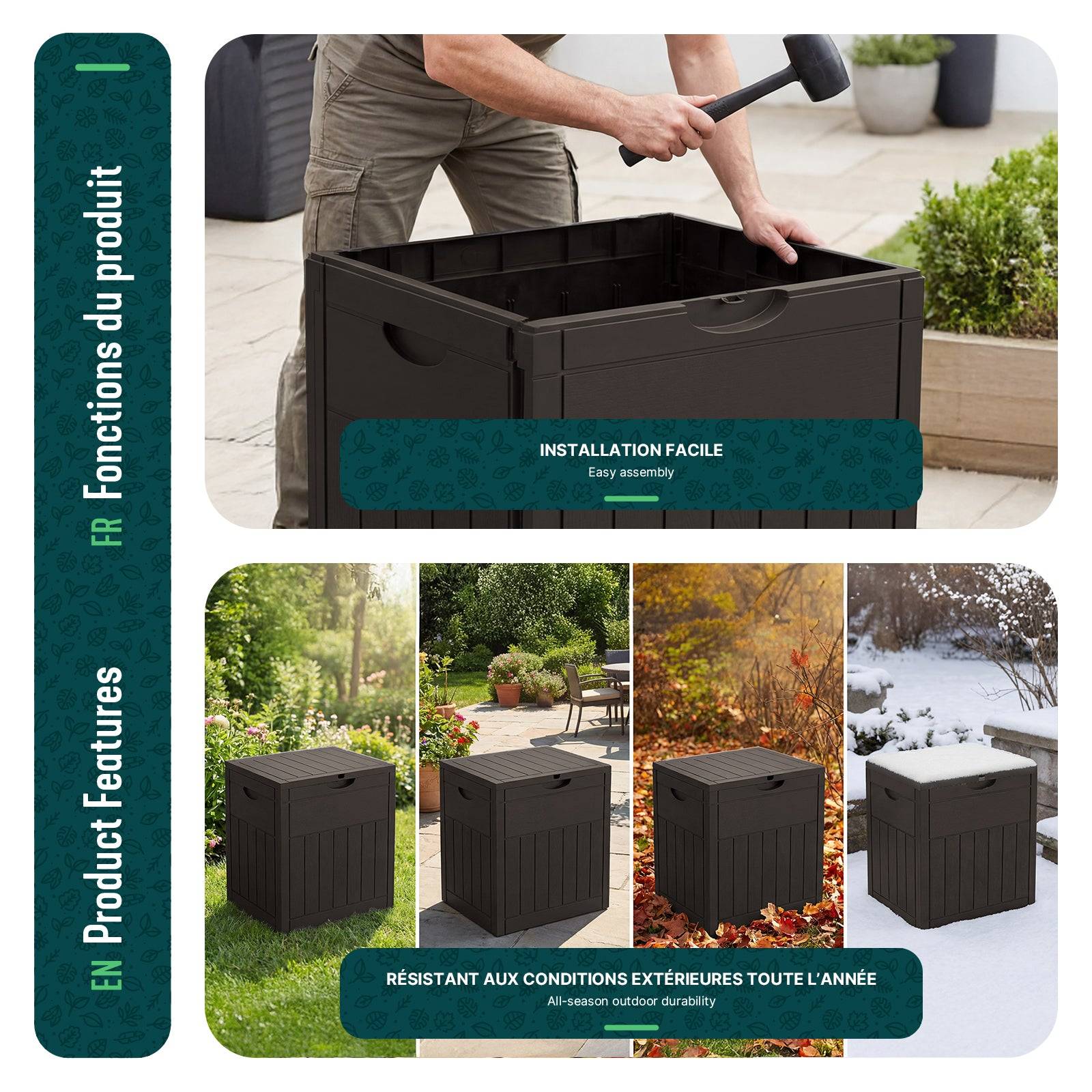 Coffre de Rangement Exterieur 126L en PP 56x43x53CM Style Bois Marron - Image 7