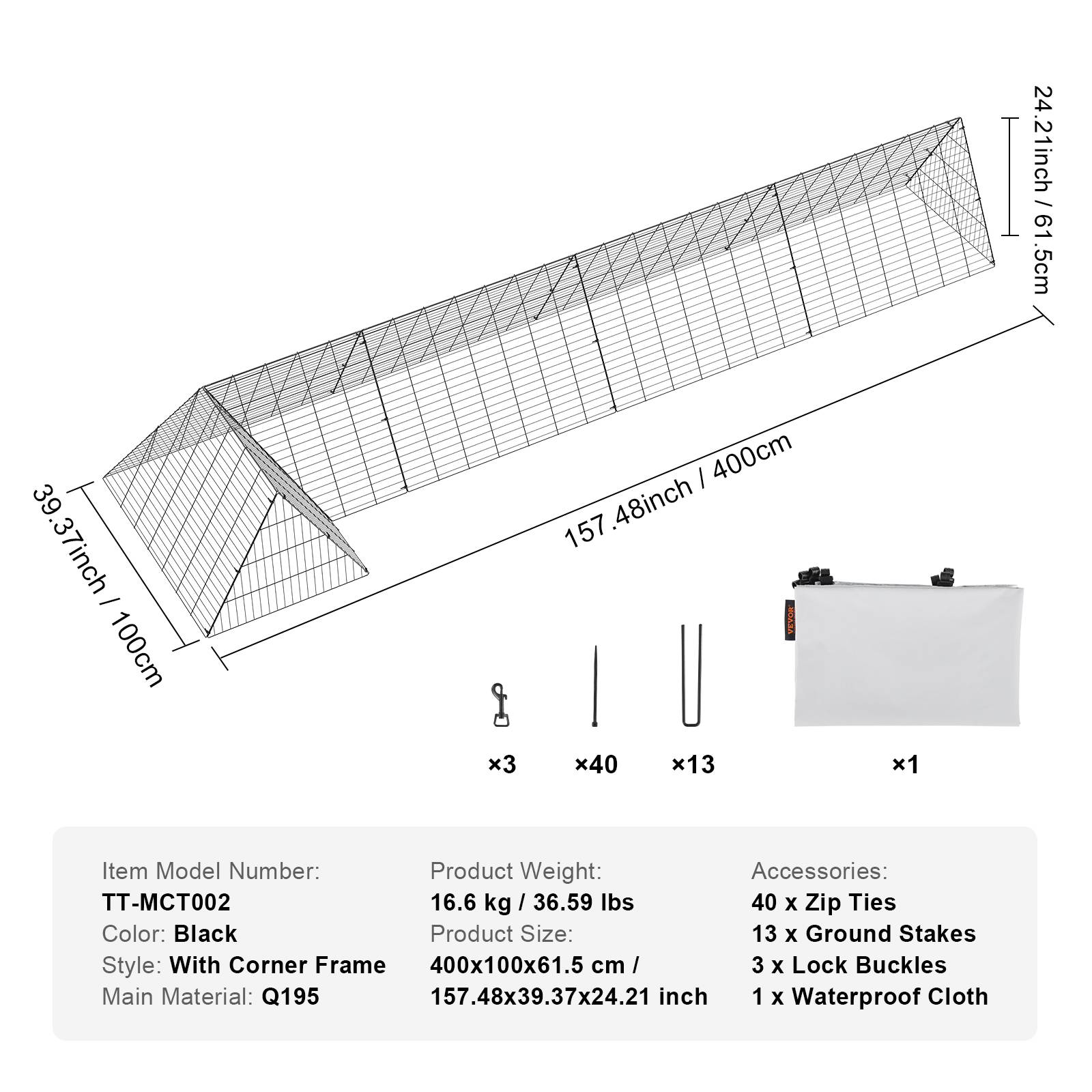 VEVOR Enclos poulailler, 400x100x61,5 cm, portable. Pour poulets, canards, lapins. Extérieur. - Image 7