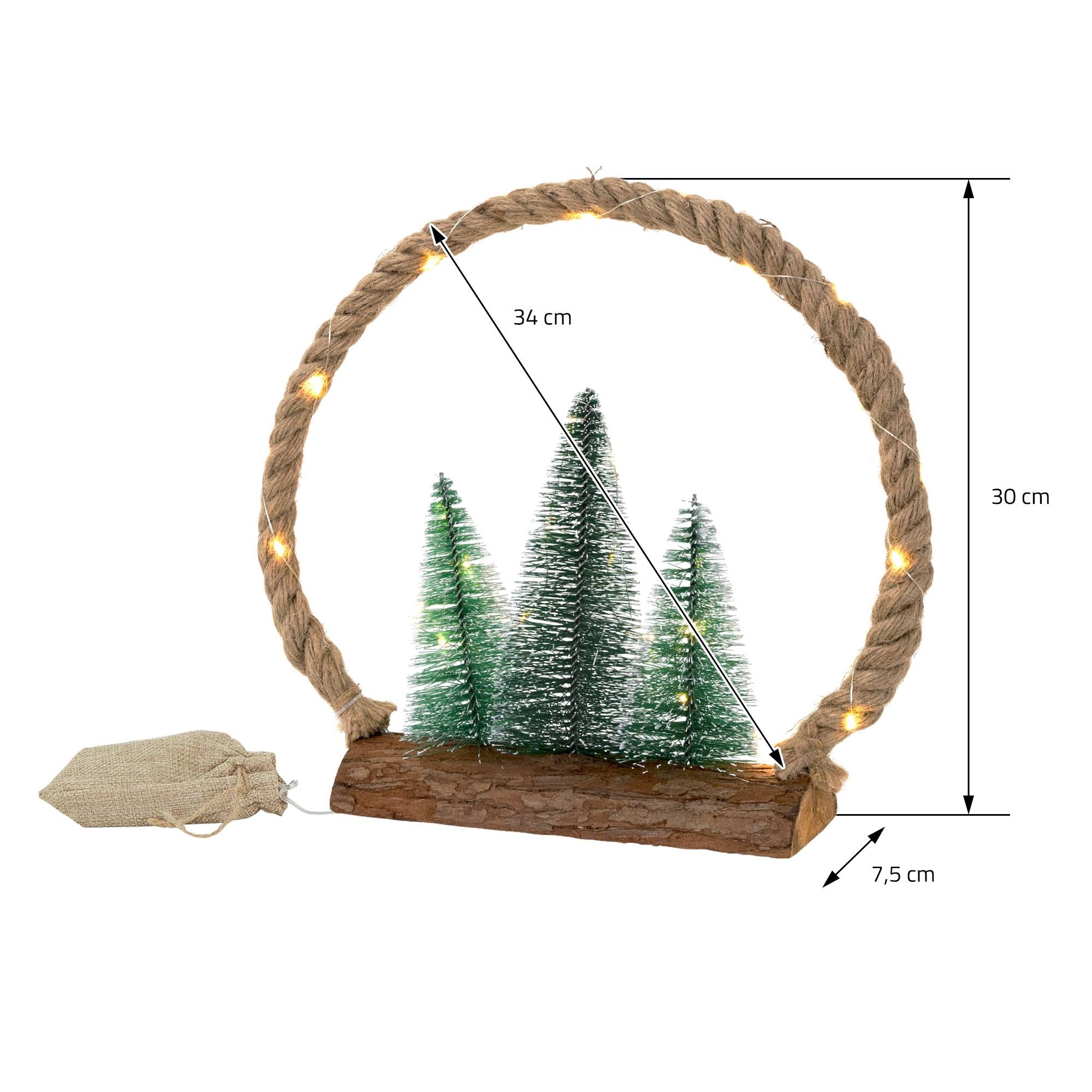 Ecd-Germany - Décoration lumineuse couronne en jute corde 34x30x7,5 cm 30 LEDs lumière blanche chaude à piles minuterie avec sapins et sac déco d'intérieur Noël - Image 6