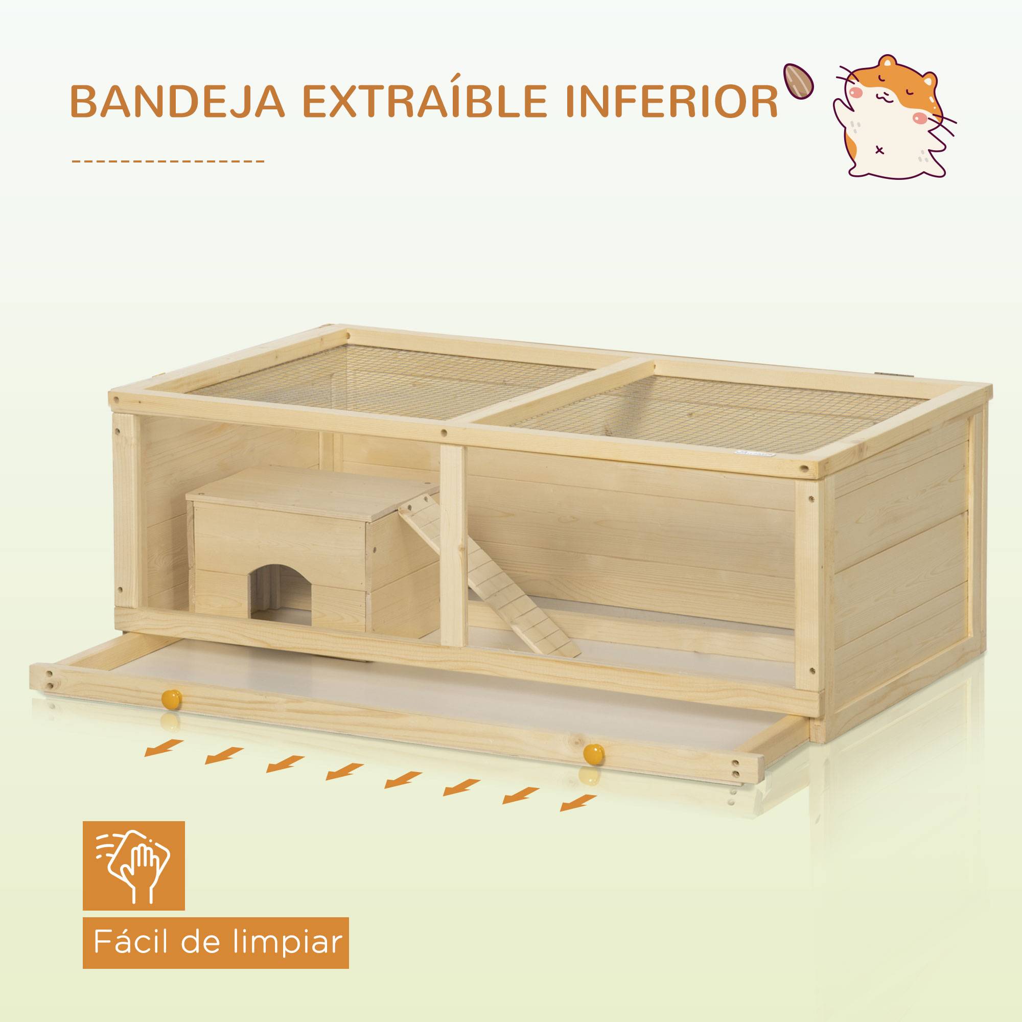 Cage Hamster Bois Naturel Rongeurs Toit Ouvrant Plateau Amovible 100x58x38cm - ComfortXL Outdoor Living - Image 8