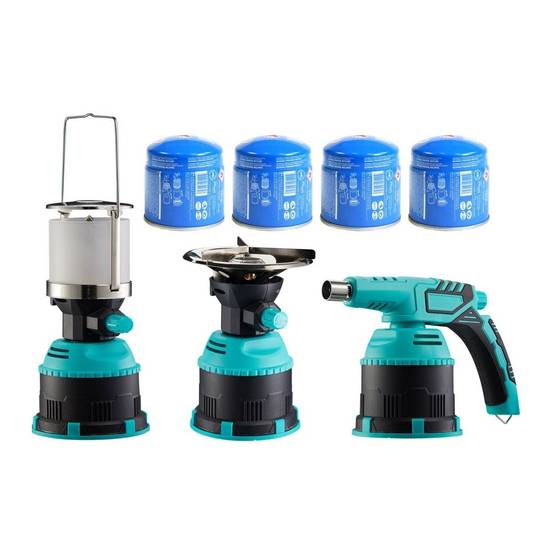 Pack 3 Outils Lampe à gaz + Réchaud gaz + Lampe à souder + 4 Cartouches de gaz 190gr INTEC - Image 1