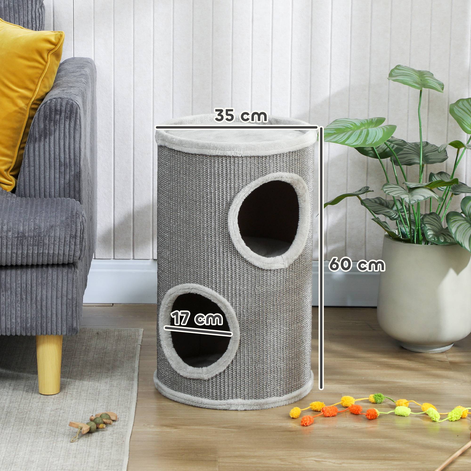 Sans Marque - Tonneau 60 cm, Ø35 cm, 2 étages, 2 niches, bord peluche, 1-2 chats <5 kg, Gris clair - Image 5