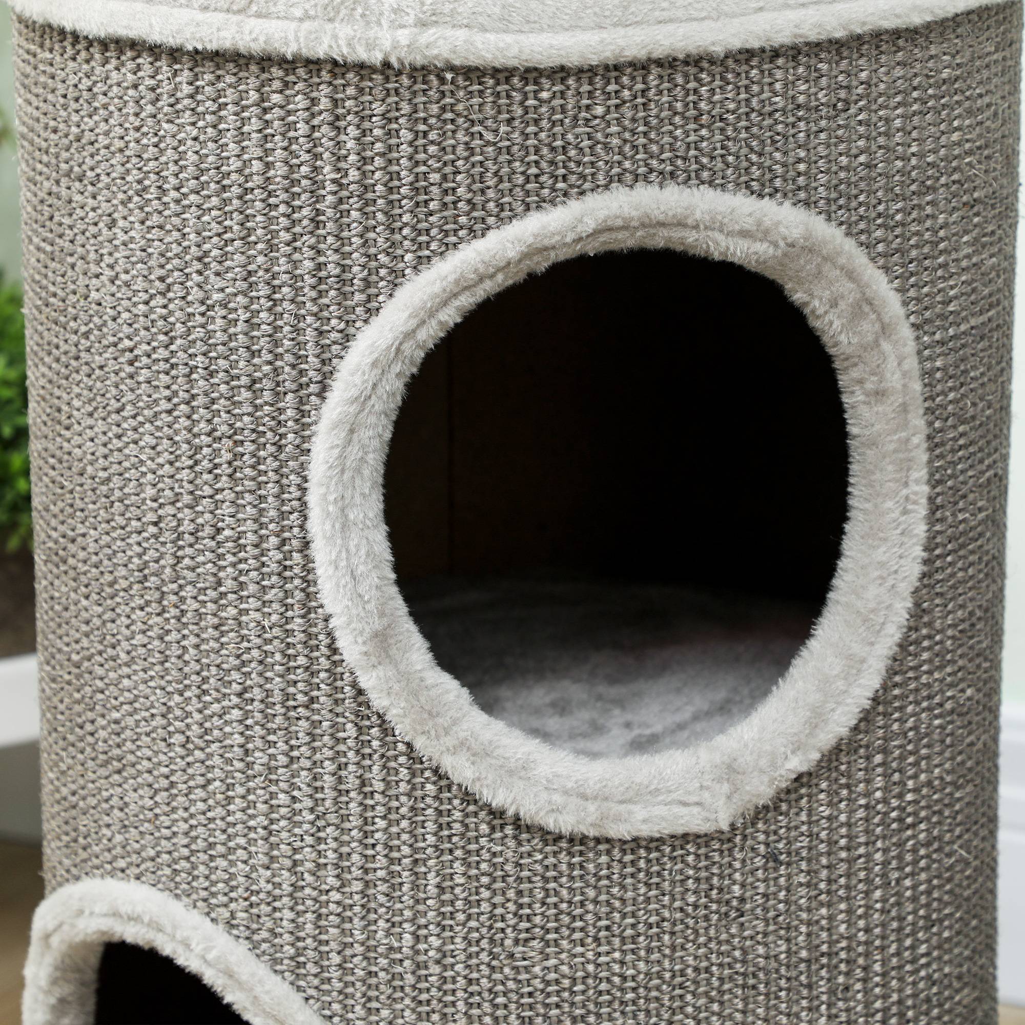 Sans Marque - Tonneau 60 cm, Ø35 cm, 2 étages, 2 niches, bord peluche, 1-2 chats <5 kg, Gris clair - Image 10