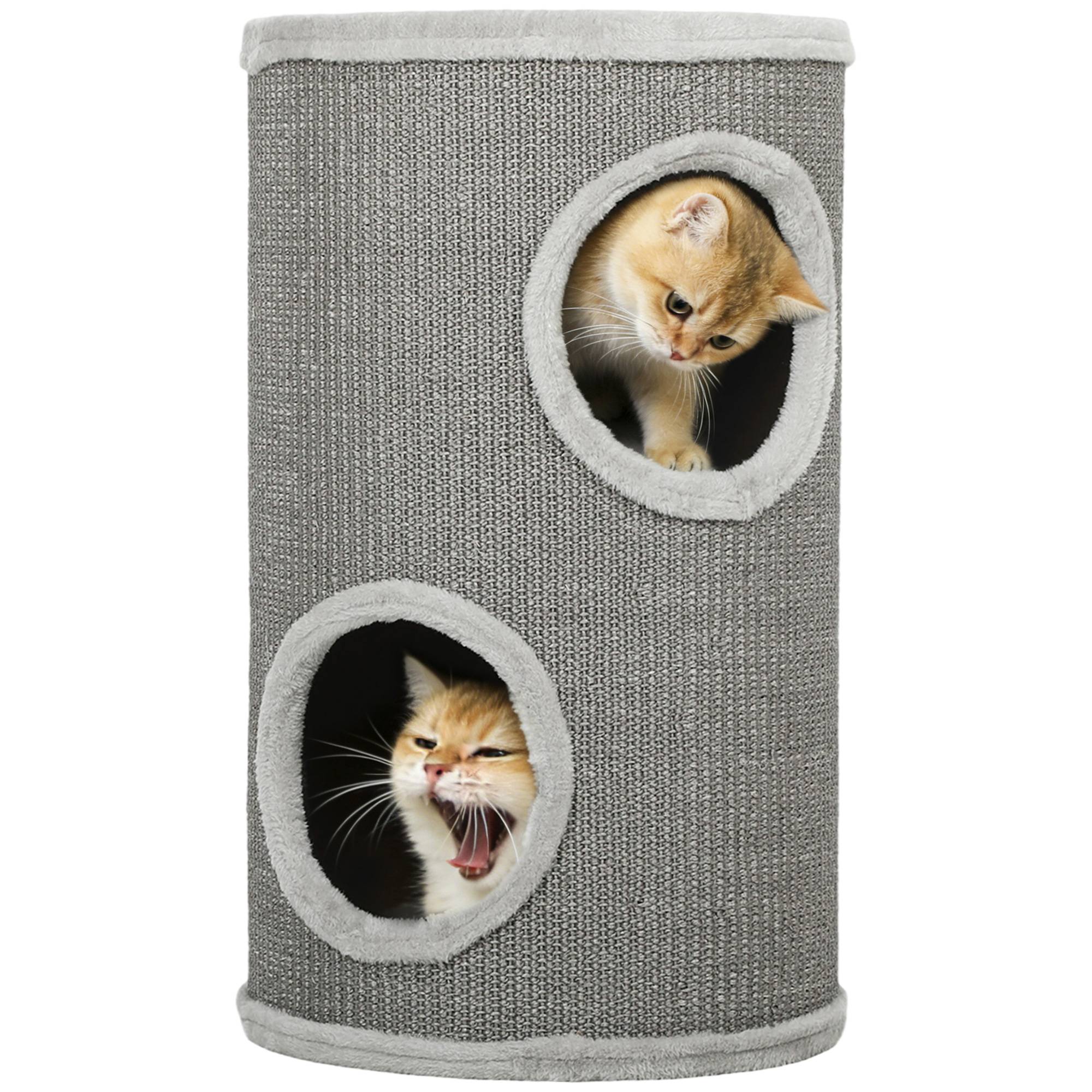Sans Marque - Tonneau 60 cm, Ø35 cm, 2 étages, 2 niches, bord peluche, 1-2 chats <5 kg, Gris clair - Image 1