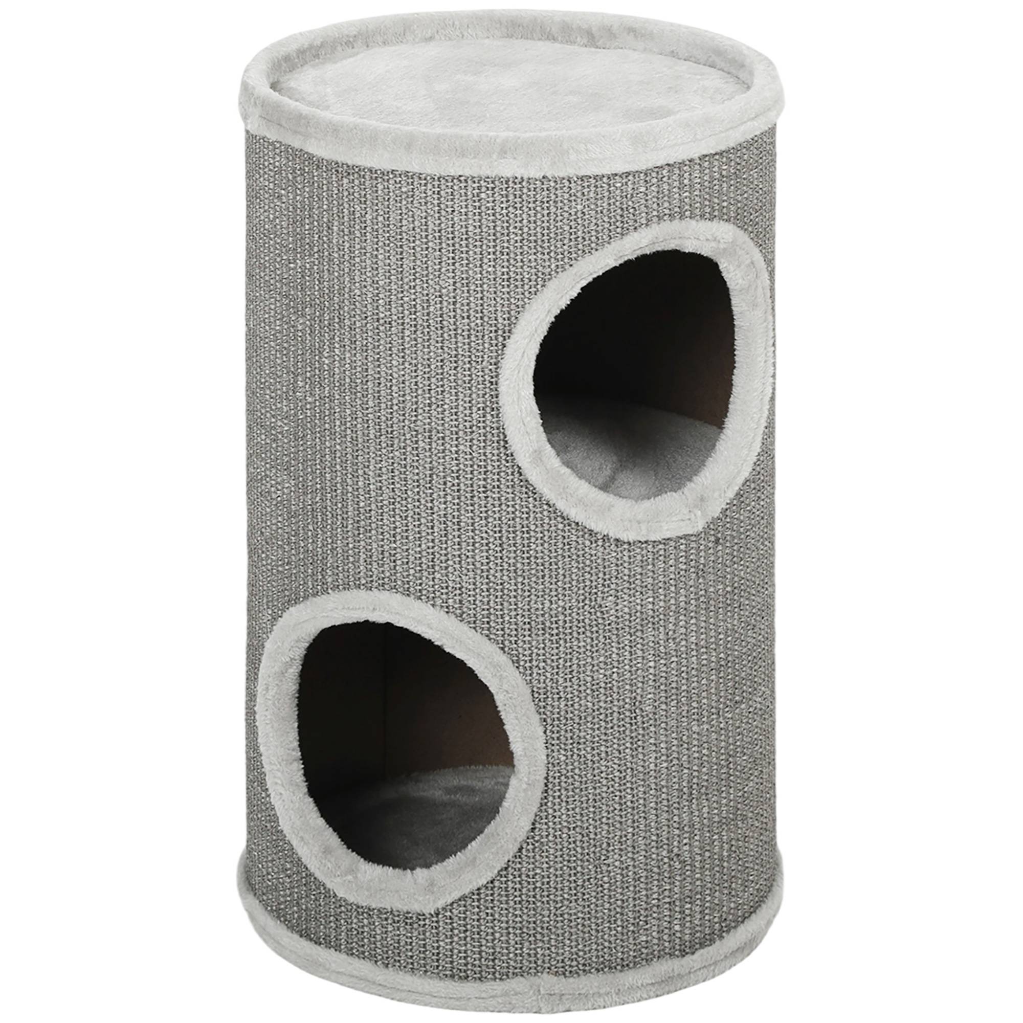 Sans Marque - Tonneau 60 cm, Ø35 cm, 2 étages, 2 niches, bord peluche, 1-2 chats <5 kg, Gris clair - Image 2