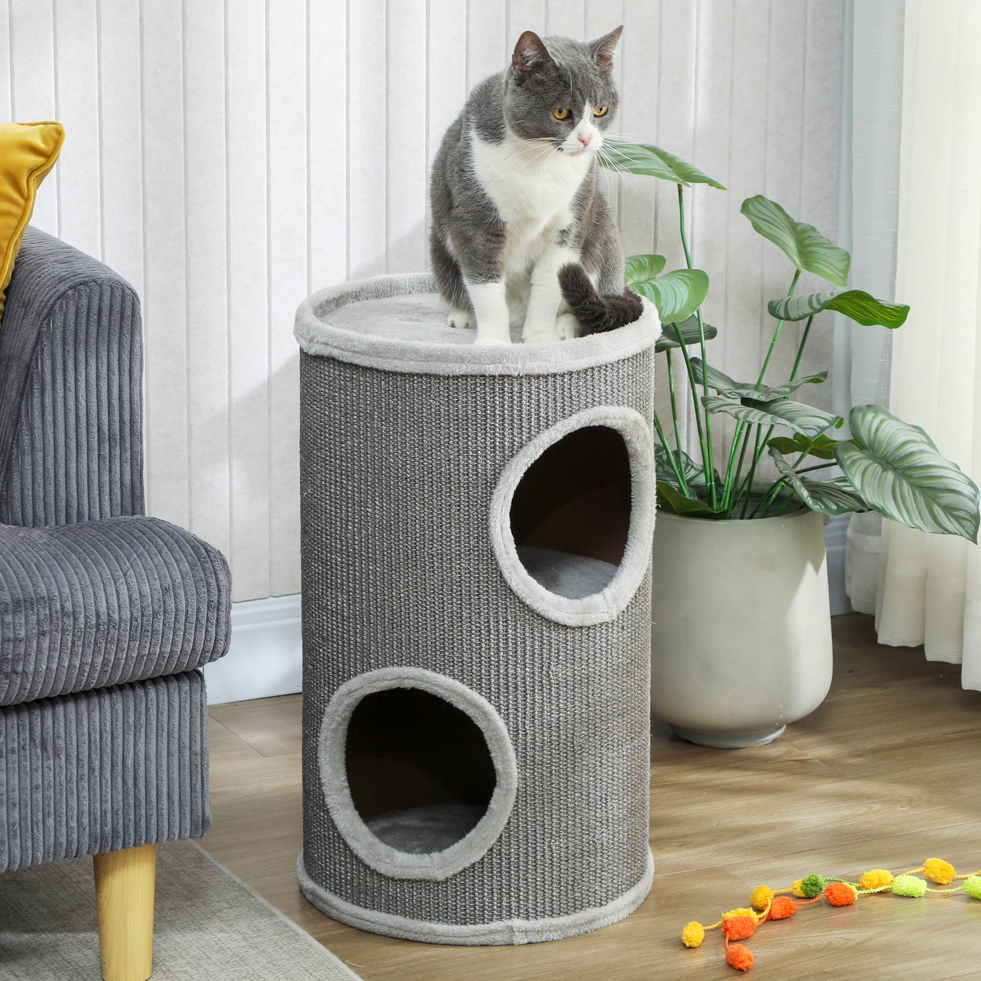 Sans Marque - Tonneau 60 cm, Ø35 cm, 2 étages, 2 niches, bord peluche, 1-2 chats <5 kg, Gris clair - Image 9