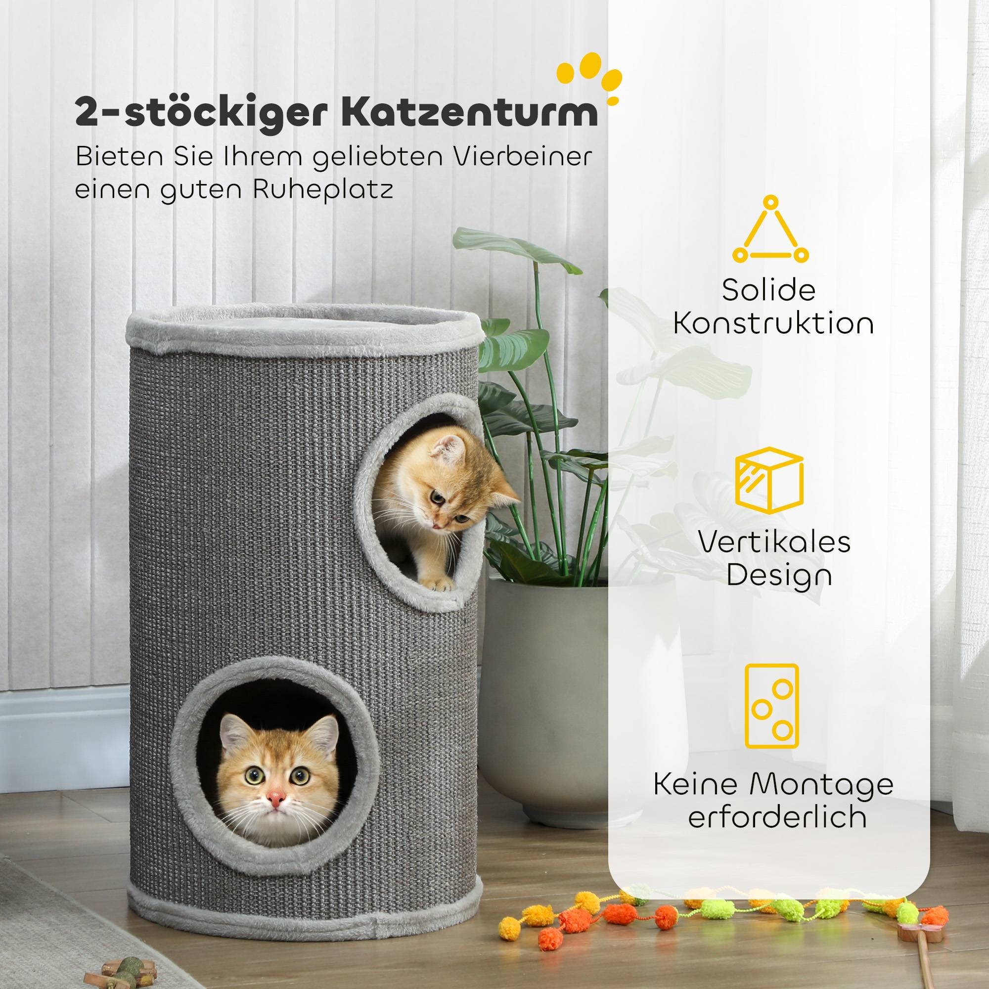 Sans Marque - Tonneau 60 cm, Ø35 cm, 2 étages, 2 niches, bord peluche, 1-2 chats <5 kg, Gris clair - Image 6