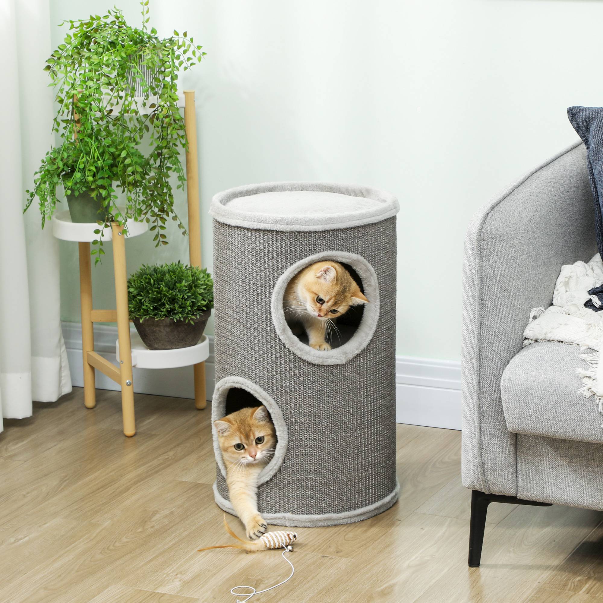Sans Marque - Tonneau 60 cm, Ø35 cm, 2 étages, 2 niches, bord peluche, 1-2 chats <5 kg, Gris clair - Image 3