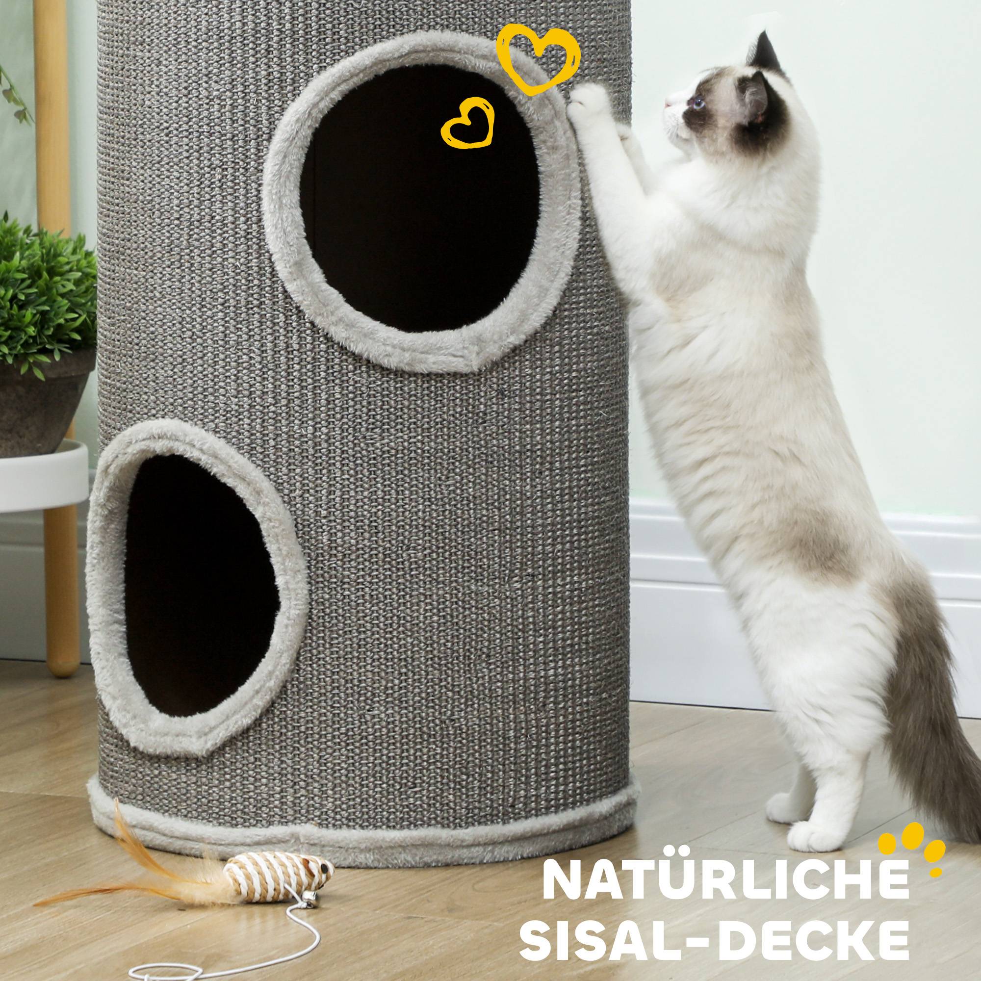 Sans Marque - Tonneau 60 cm, Ø35 cm, 2 étages, 2 niches, bord peluche, 1-2 chats <5 kg, Gris clair - Image 7