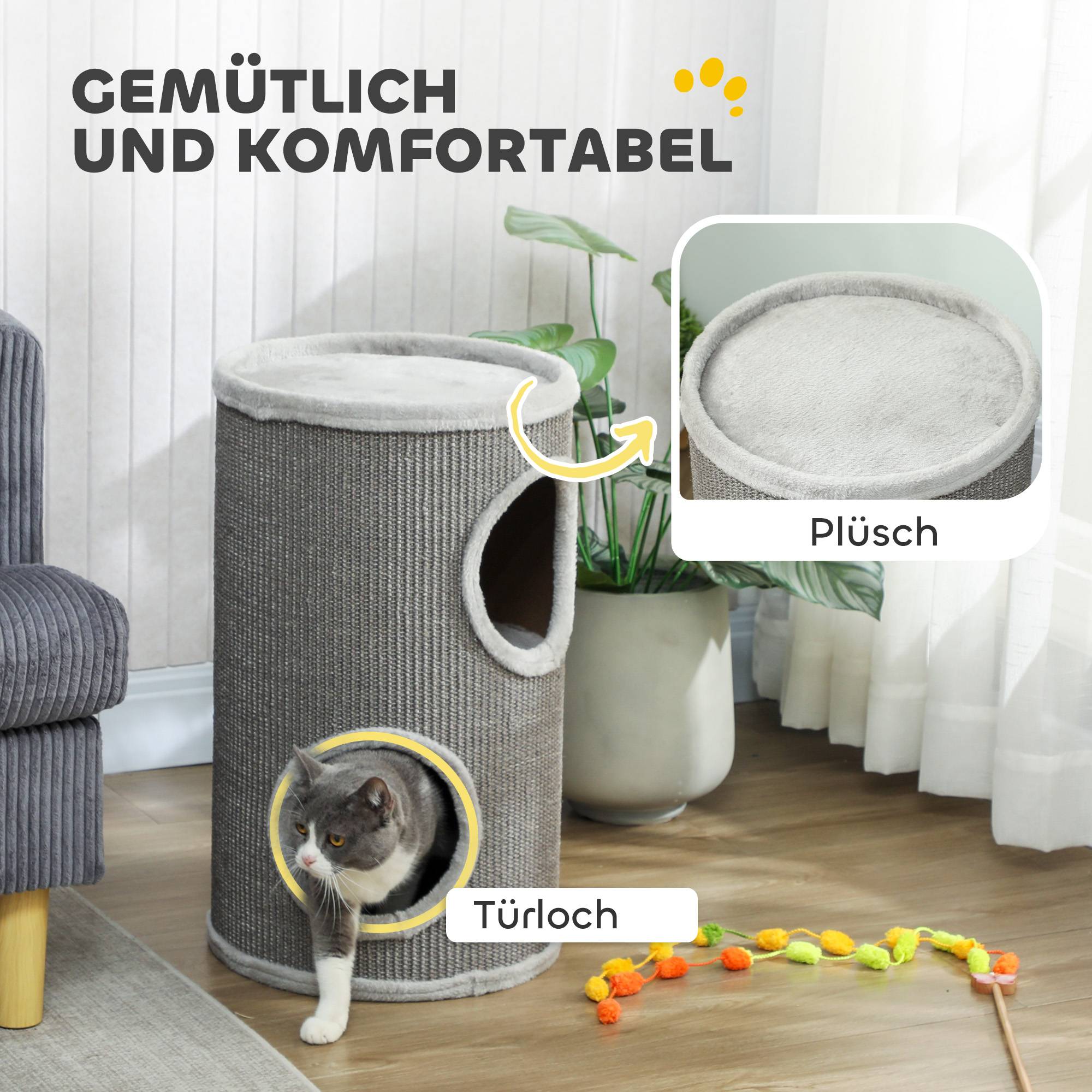 Sans Marque - Tonneau 60 cm, Ø35 cm, 2 étages, 2 niches, bord peluche, 1-2 chats <5 kg, Gris clair - Image 8