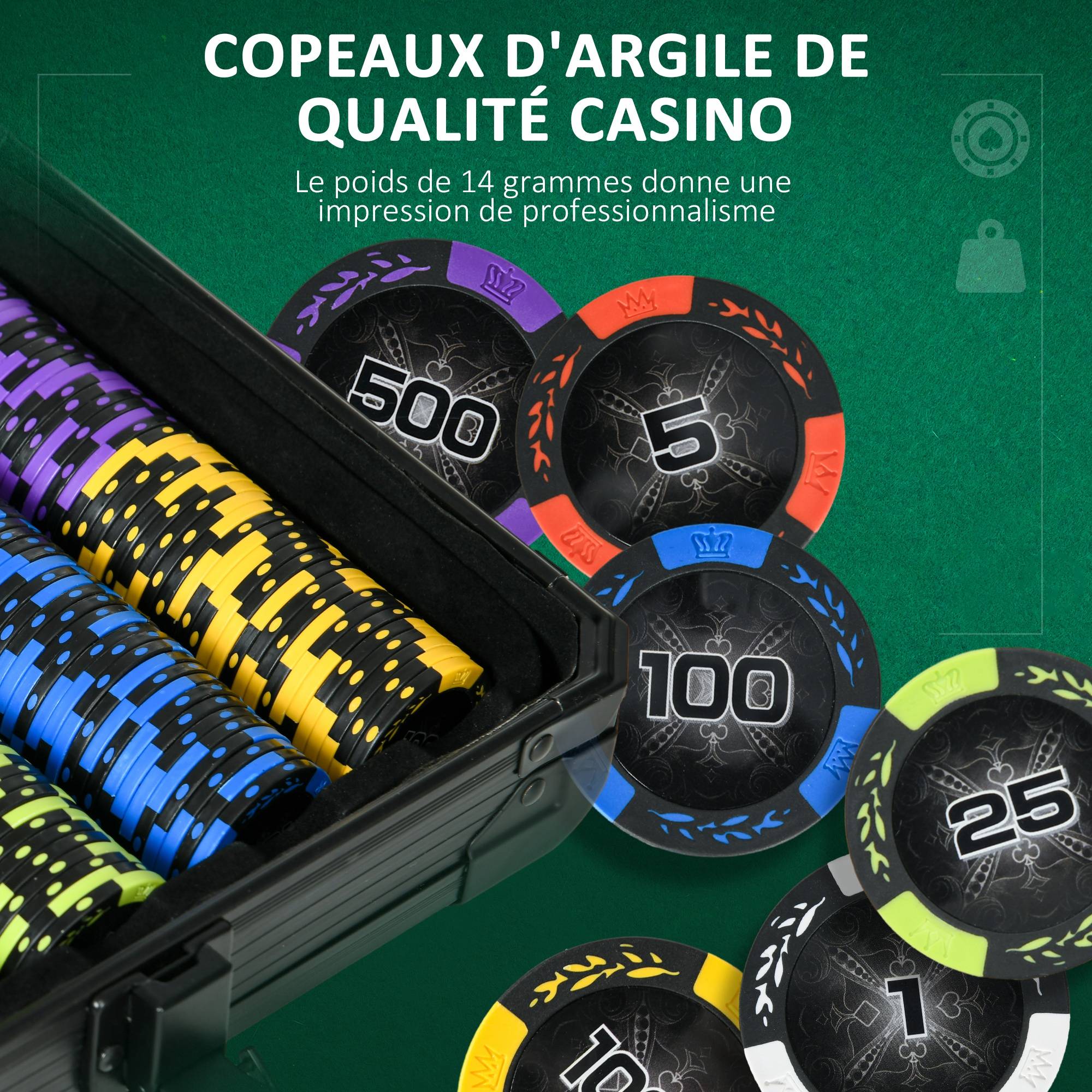 Mallette de Poker Coffret de Poker Complet, avec 500 jetons 5 dés 2 Jeux de Cartes 3 boutons - Image 7
