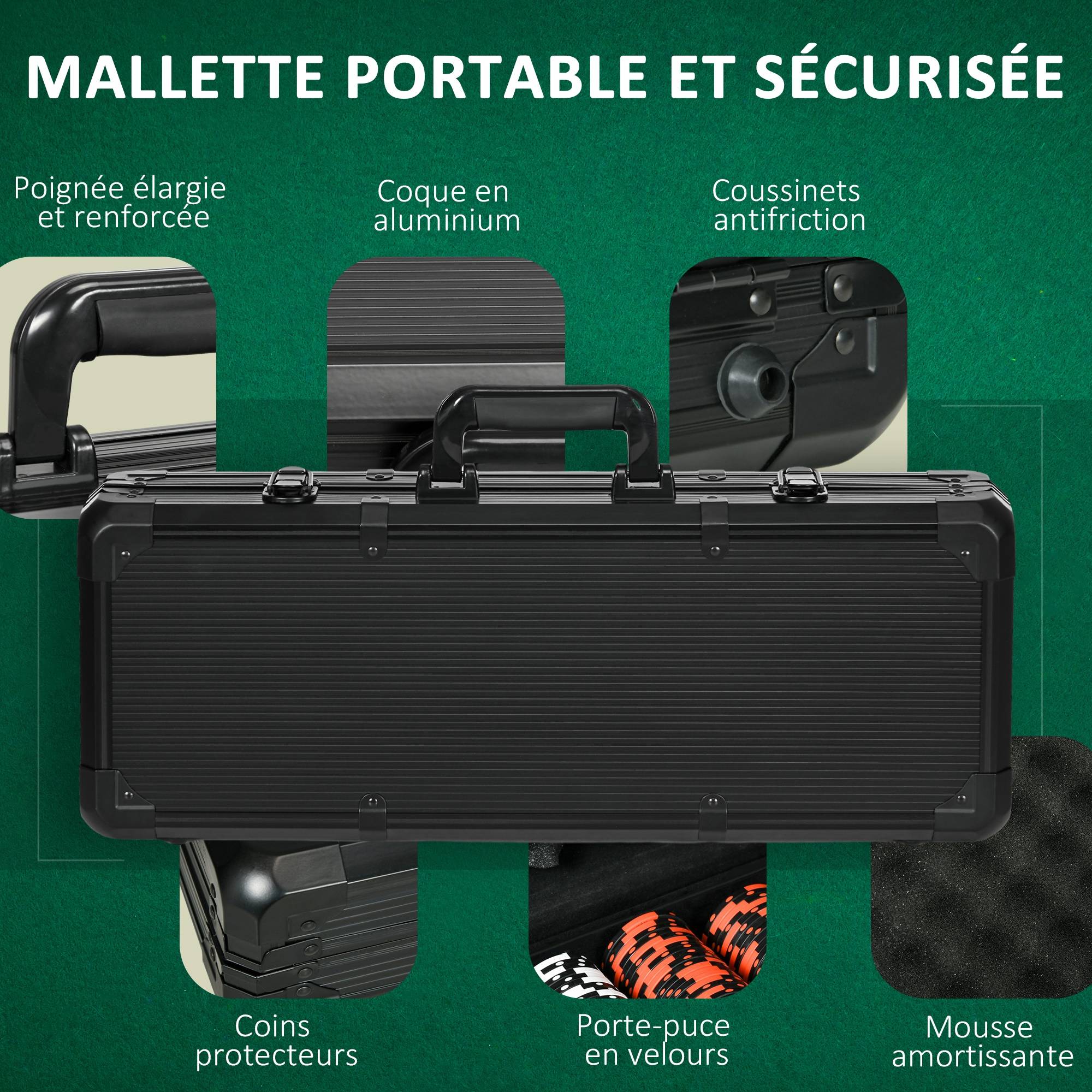 Mallette de Poker Coffret de Poker Complet, avec 500 jetons 5 dés 2 Jeux de Cartes 3 boutons - Image 8