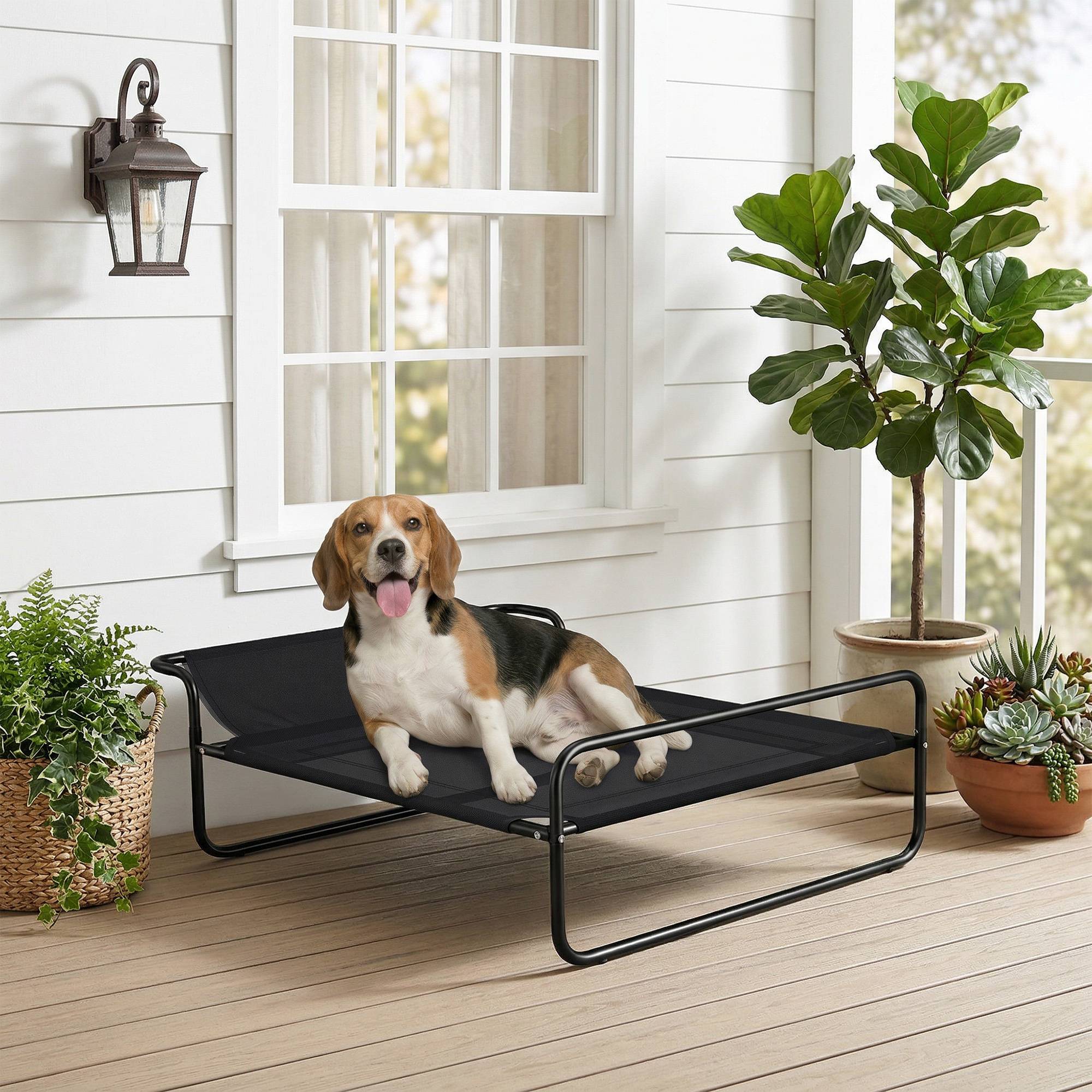 ComfortXL - Lit surélevé pour chien en acier et textilène noir 91 x 69 x 29 cm pour intérieur et extérieur avec appui-tête - Image 1