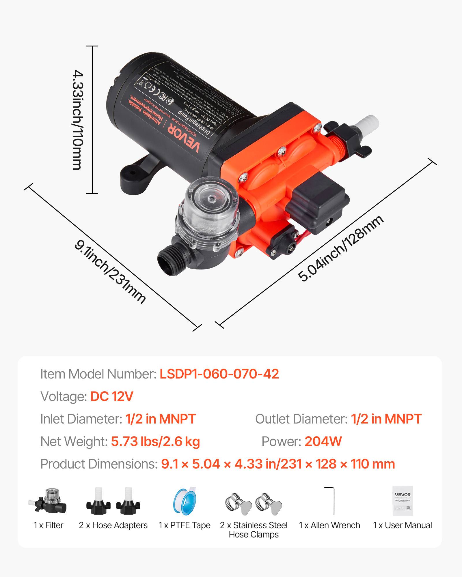 Vevor - VEVOR Pompe à Eau Membrane Auto-amorçante 4 Chambres 12 V CC 22,7 L/min 4,8 bar - Image 7