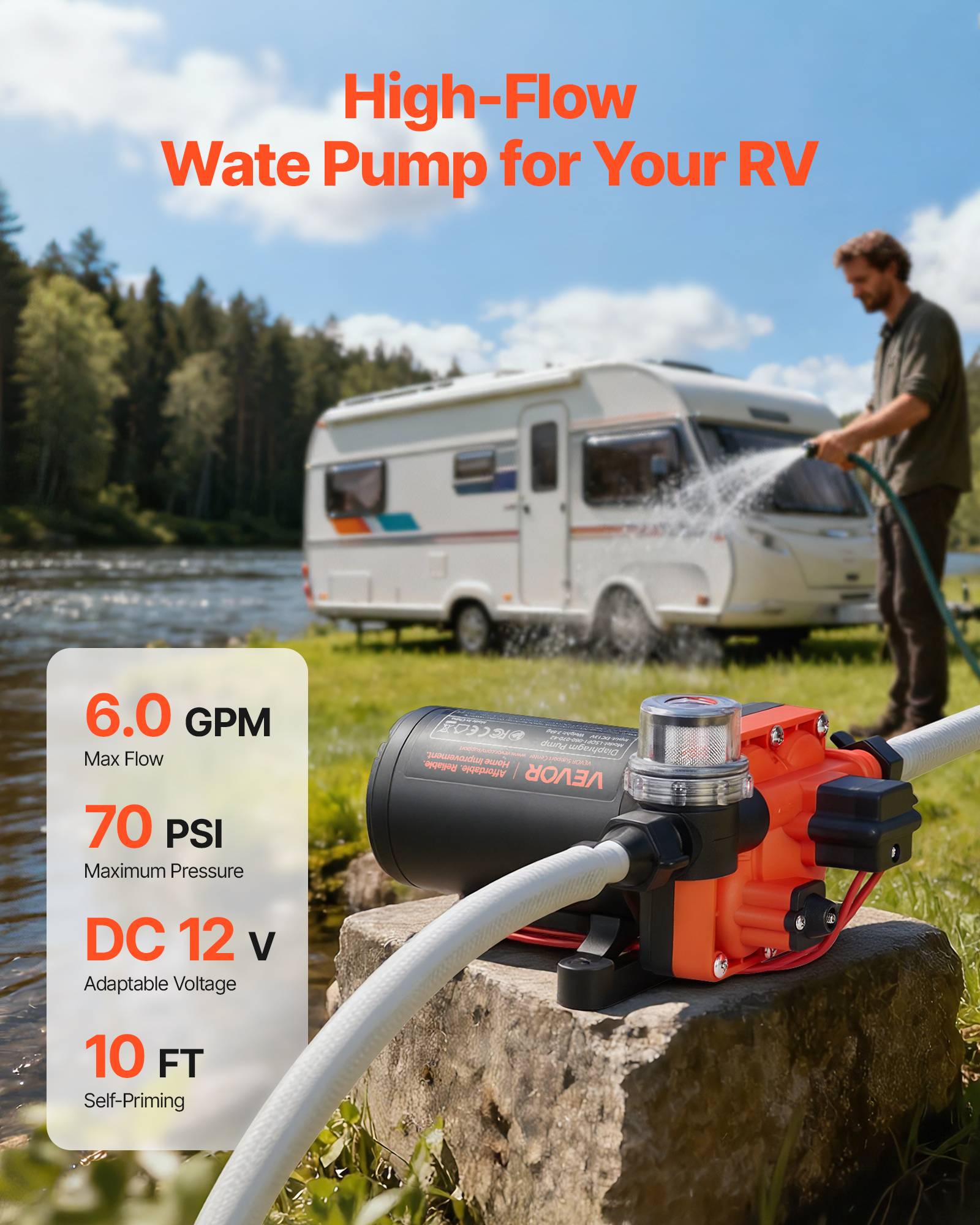 Vevor - VEVOR Pompe à Eau Membrane Auto-amorçante 4 Chambres 12 V CC 22,7 L/min 4,8 bar - Image 2