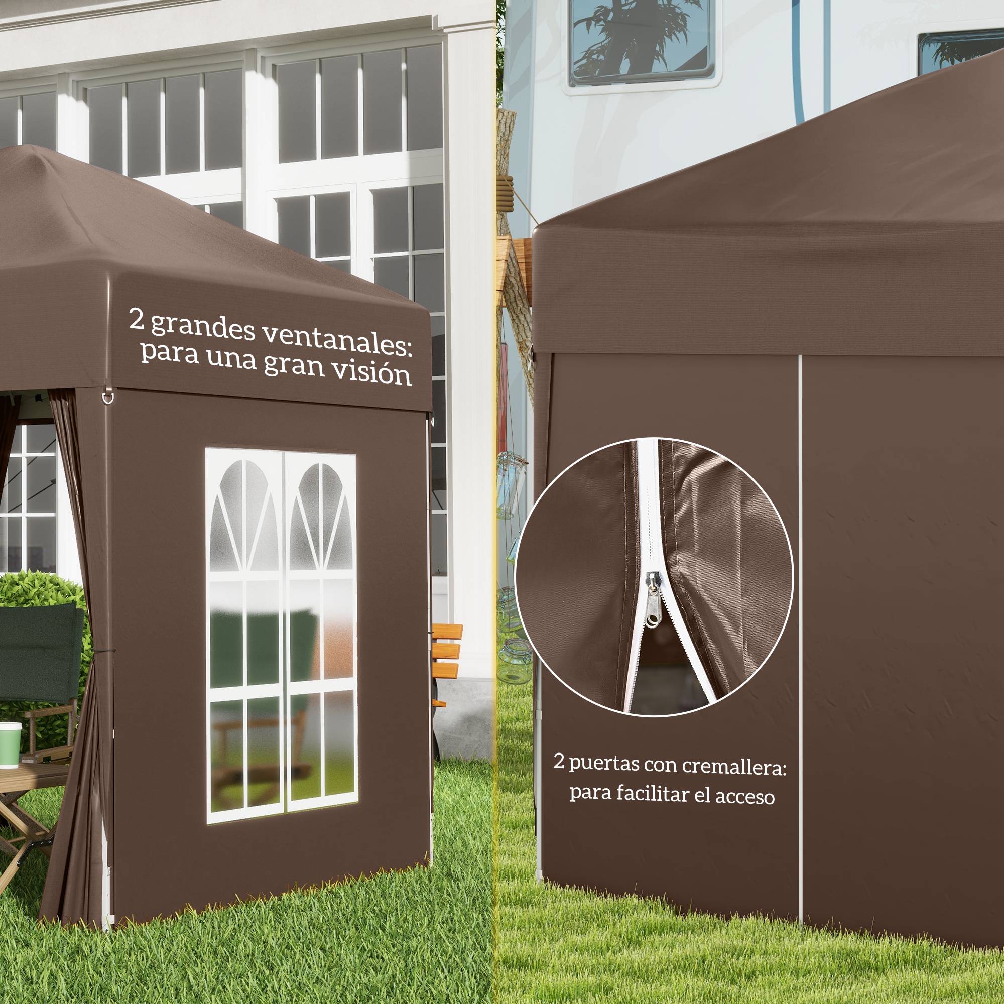 Tente pliante 2x2m, tonnelle de jardin, 4 parois latérales en toile Oxford, 2 portes, 2 fenêtres, sac de transport, marron - Image 9