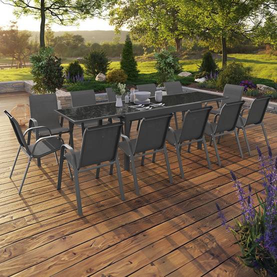 Salon de jardin MADRID table extensible plateau gris 135-270 CM et 12 chaises empilables gris anthracite - Image 1