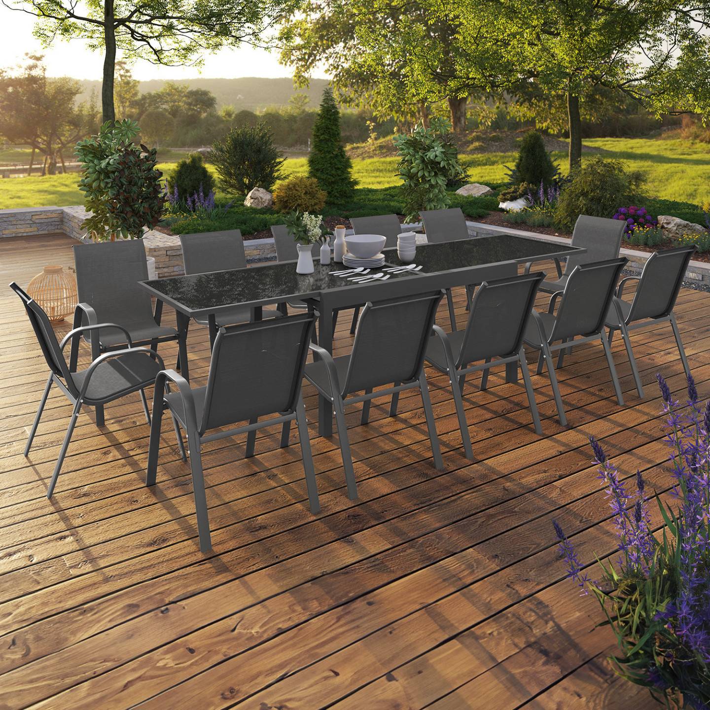 Salon de jardin MADRID table extensible plateau gris 135-270 CM et 12 chaises empilables gris anthracite - Image 1