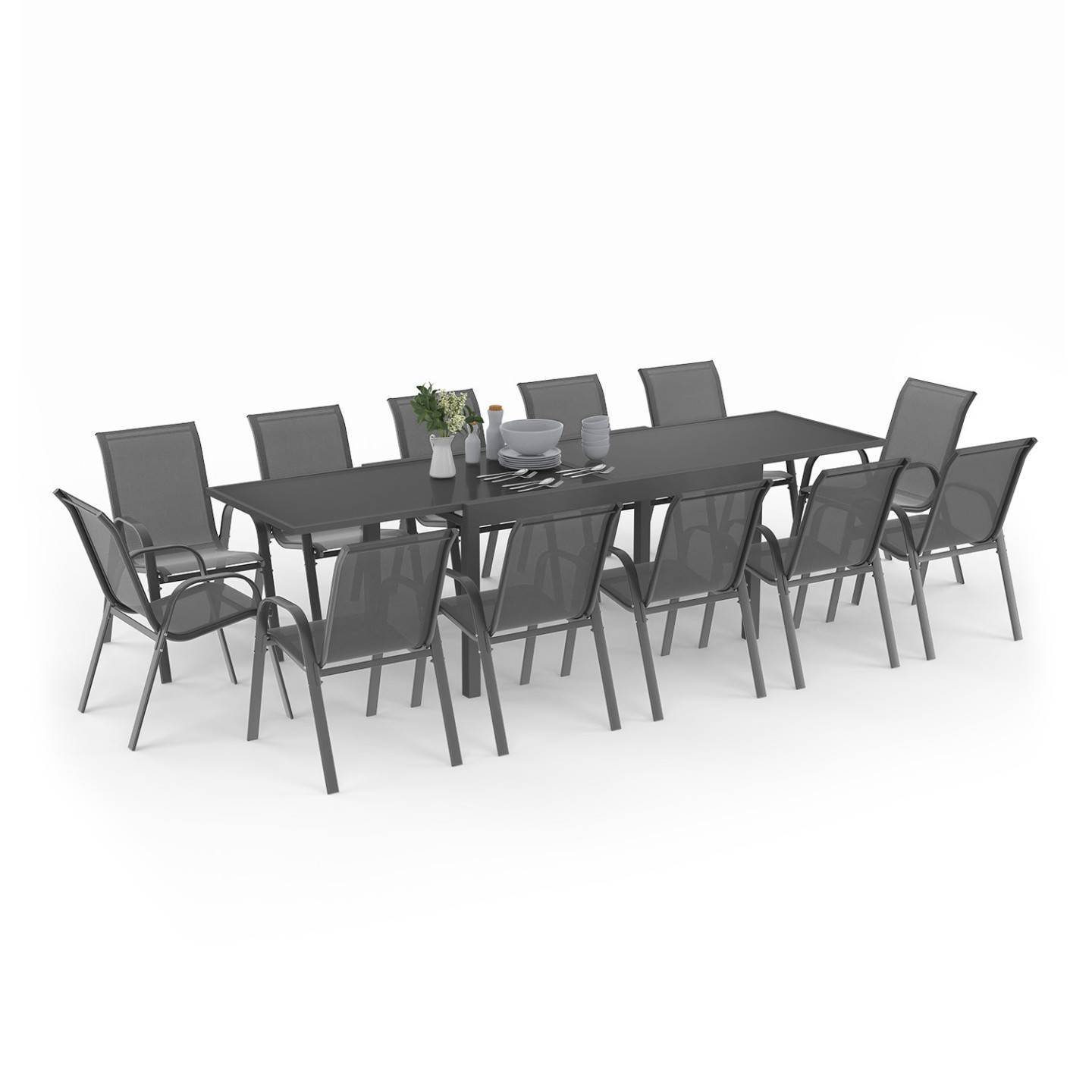 Salon de jardin MADRID table extensible plateau gris 135-270 CM et 12 chaises empilables gris anthracite - Image 2