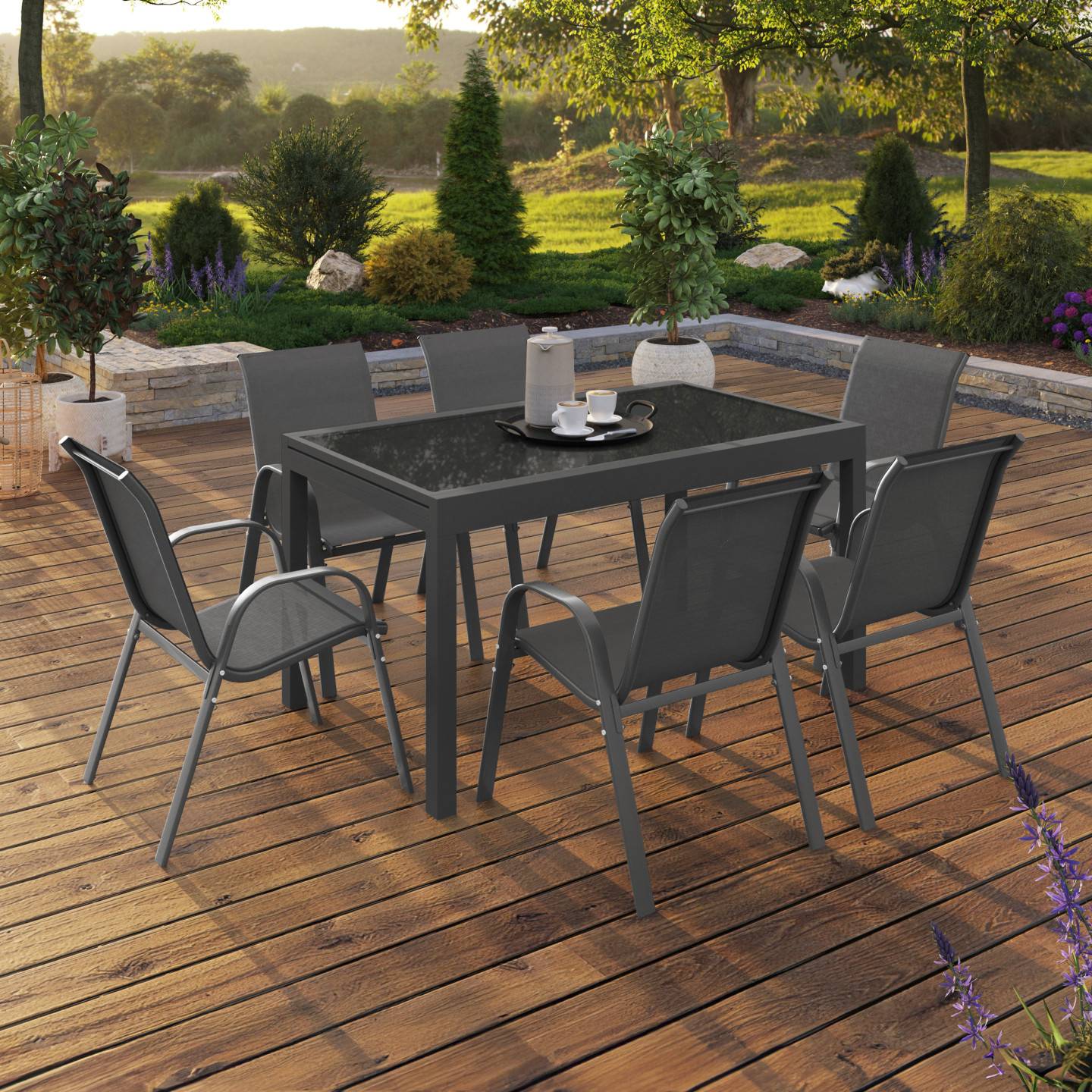 Salon de jardin MADRID table extensible plateau gris 135-270 CM et 12 chaises empilables gris anthracite - Image 4