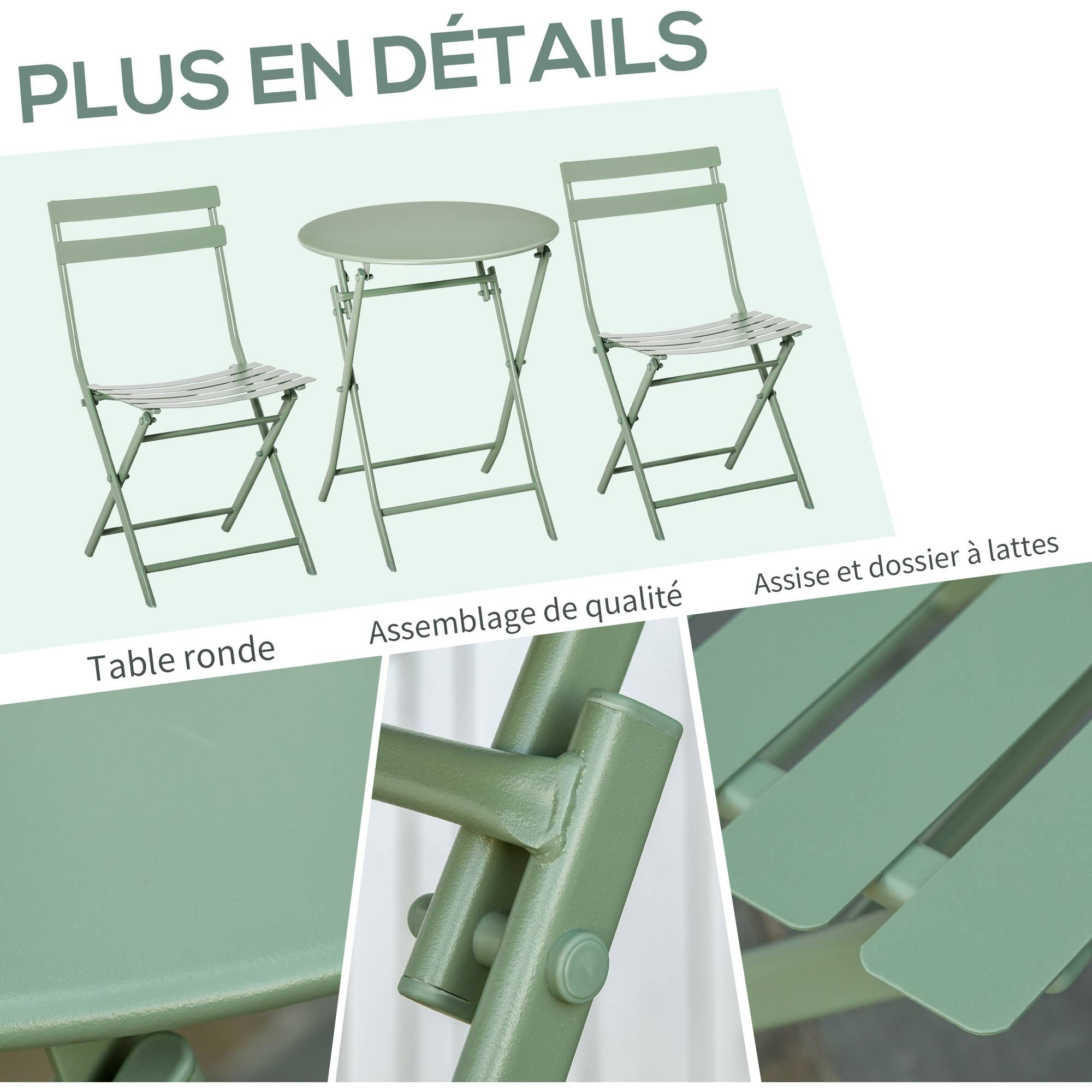 Outsunny - Ensemble table bistrot avec 2 chaises pliantes Ø60cm salon jardin 2p métal thermolaqué vert - Outsunny - Image 5
