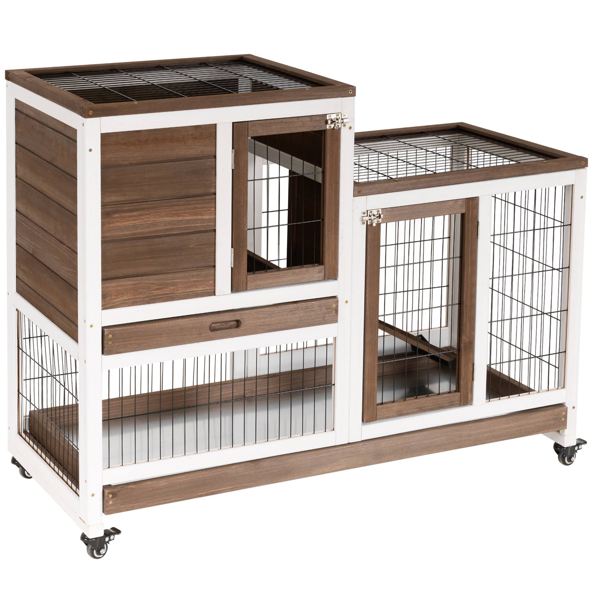Clapier en bois à roulettes, avec plateaux et maison amovibles, 110 x 50 x 88 cm, marron et blanc - Image 2