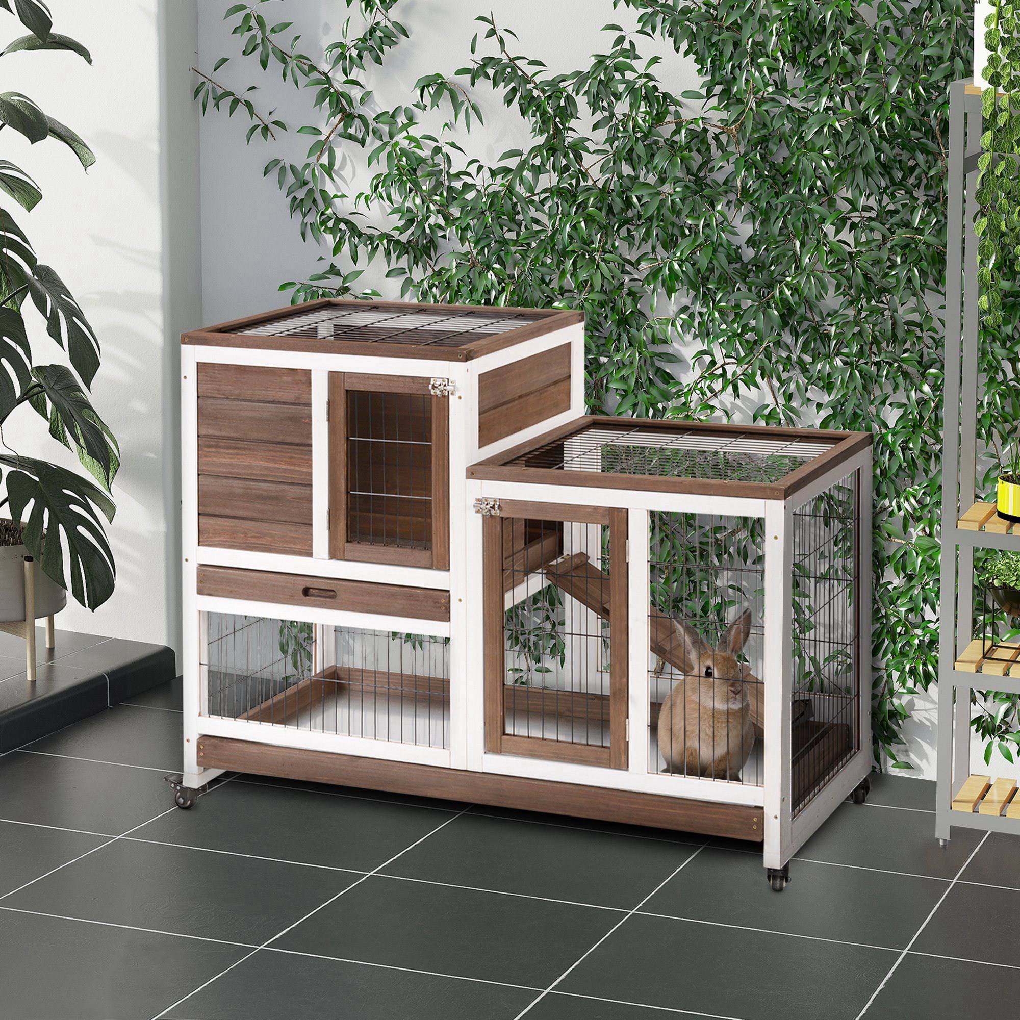 Clapier en bois à roulettes, avec plateaux et maison amovibles, 110 x 50 x 88 cm, marron et blanc - Image 4
