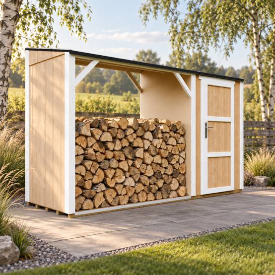 Timbela - Abri à bûches avec remise - 4,14 m² - 345x120xH220 cm - Abri pour bois de chauffage avec rangement - 10 mm d’épaisseur - M985-HARVEST HONEY - Timbela - Image 1
