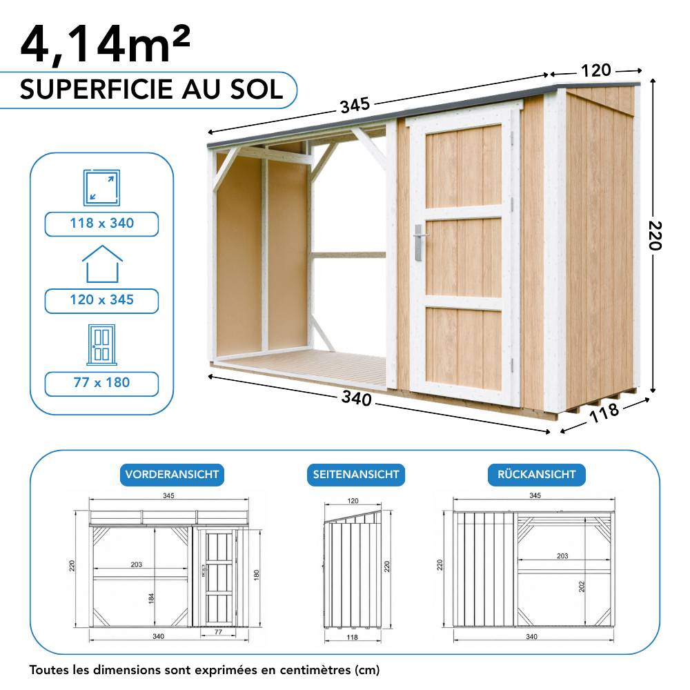 Timbela - Abri à bûches avec remise - 4,14 m² - 345x120xH220 cm - Abri pour bois de chauffage avec rangement - 10 mm d’épaisseur - M985-HARVEST HONEY - Timbela - Image 8