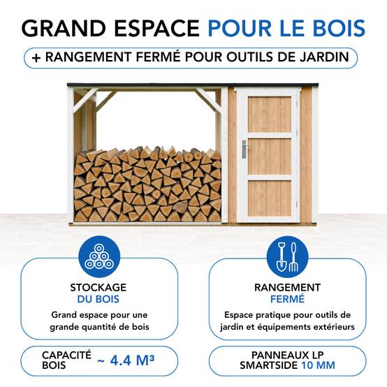 Timbela - Abri à bûches avec remise - 4,14 m² - 345x120xH220 cm - Abri pour bois de chauffage avec rangement - 10 mm d’épaisseur - M985-HARVEST HONEY - Timbela - Image 10