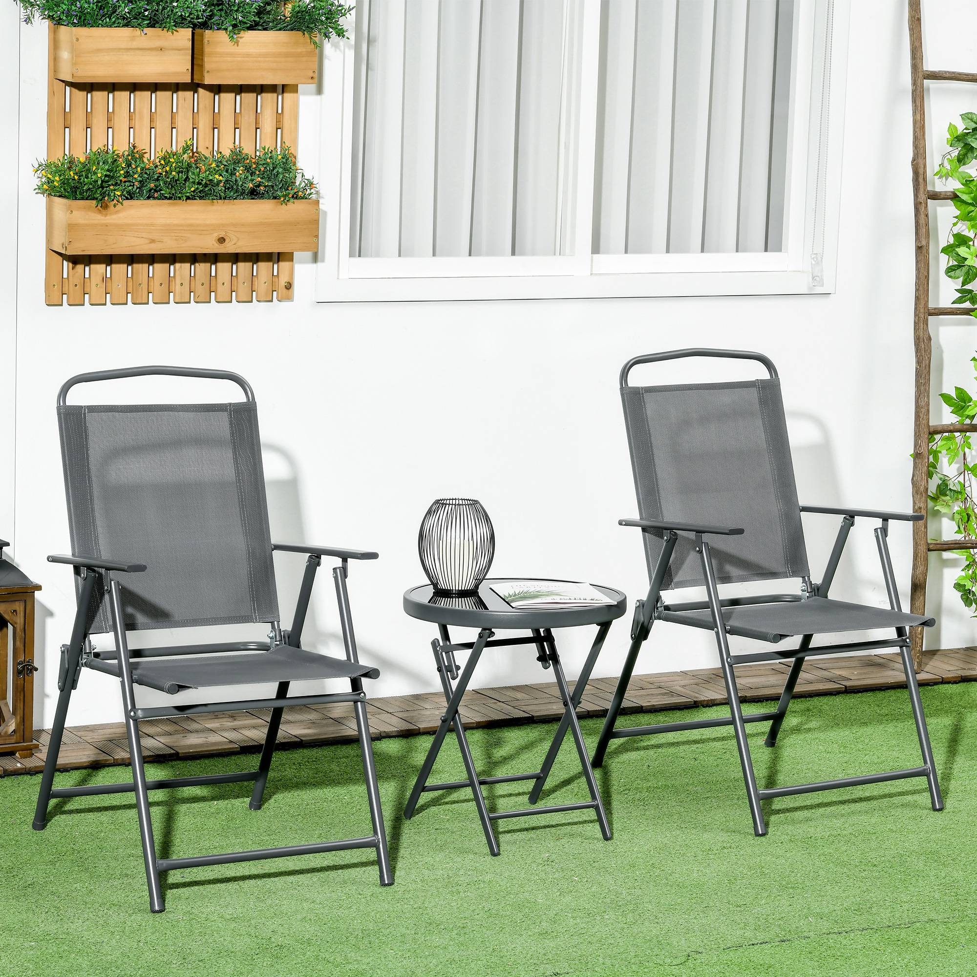 Sans Marque - Ensemble jardin 3 pièces 2 chaises table basse métal gris foncé - Image 4