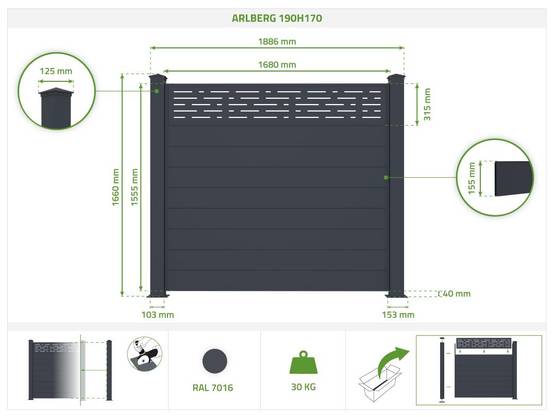 Casanoov Lot de 2 kits de clôture aluminium ARLBERG H.170 cm - kits complet 3.8m - Image 2