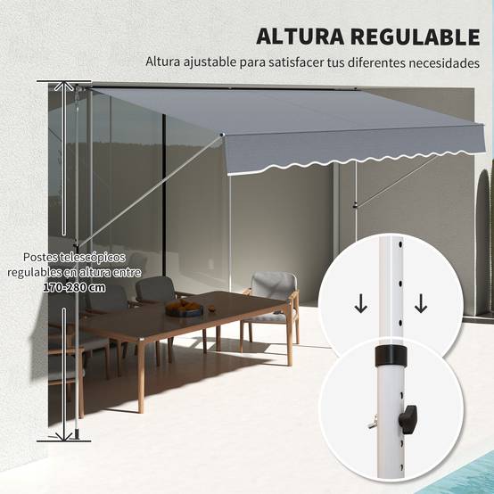 Store banne rétractable manuel 4 x 1,2 m, hauteur réglable de 170 à 280 cm, manivelle, anti-UV et imperméable, sans perçage, gris foncé - Image 9
