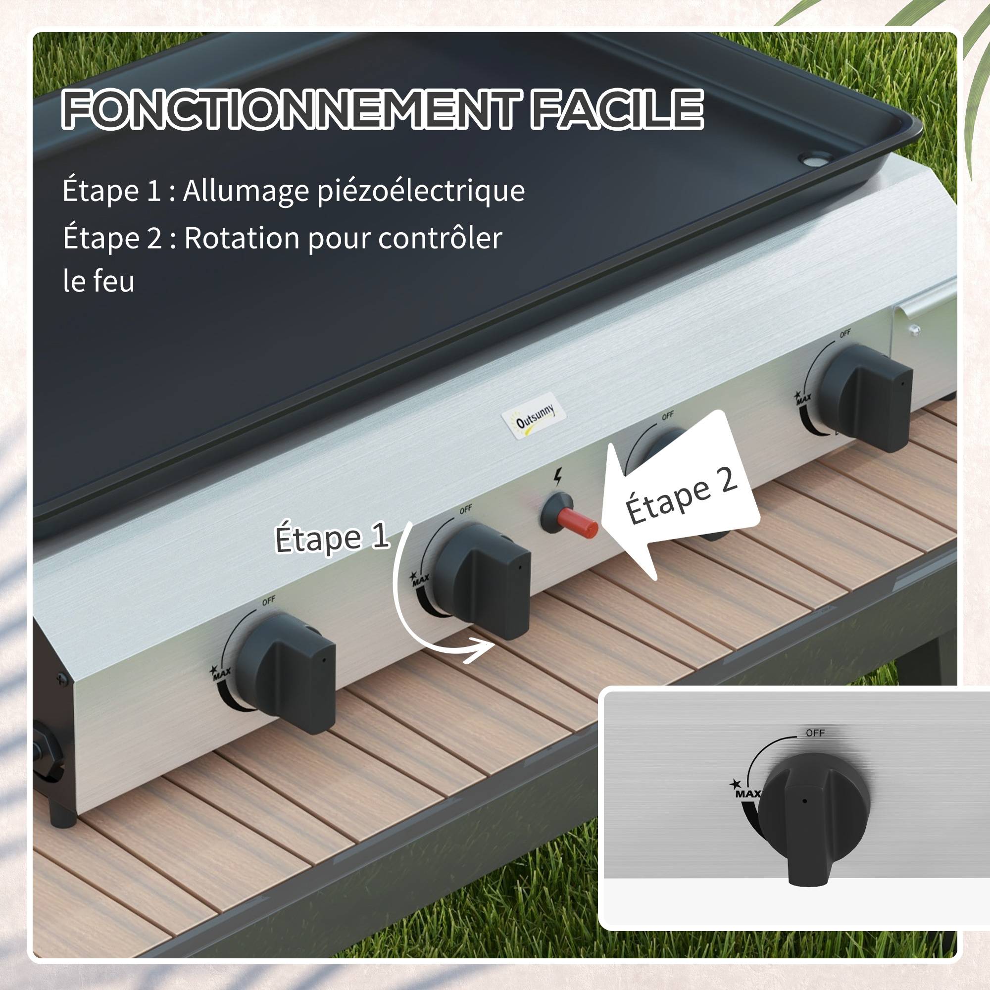 Plancha gaz en acier inox émaillé 4 brûleurs 9,6 kW antiadhésive grande surface de cuisson 73L x 34l cm, transportable - Image 7