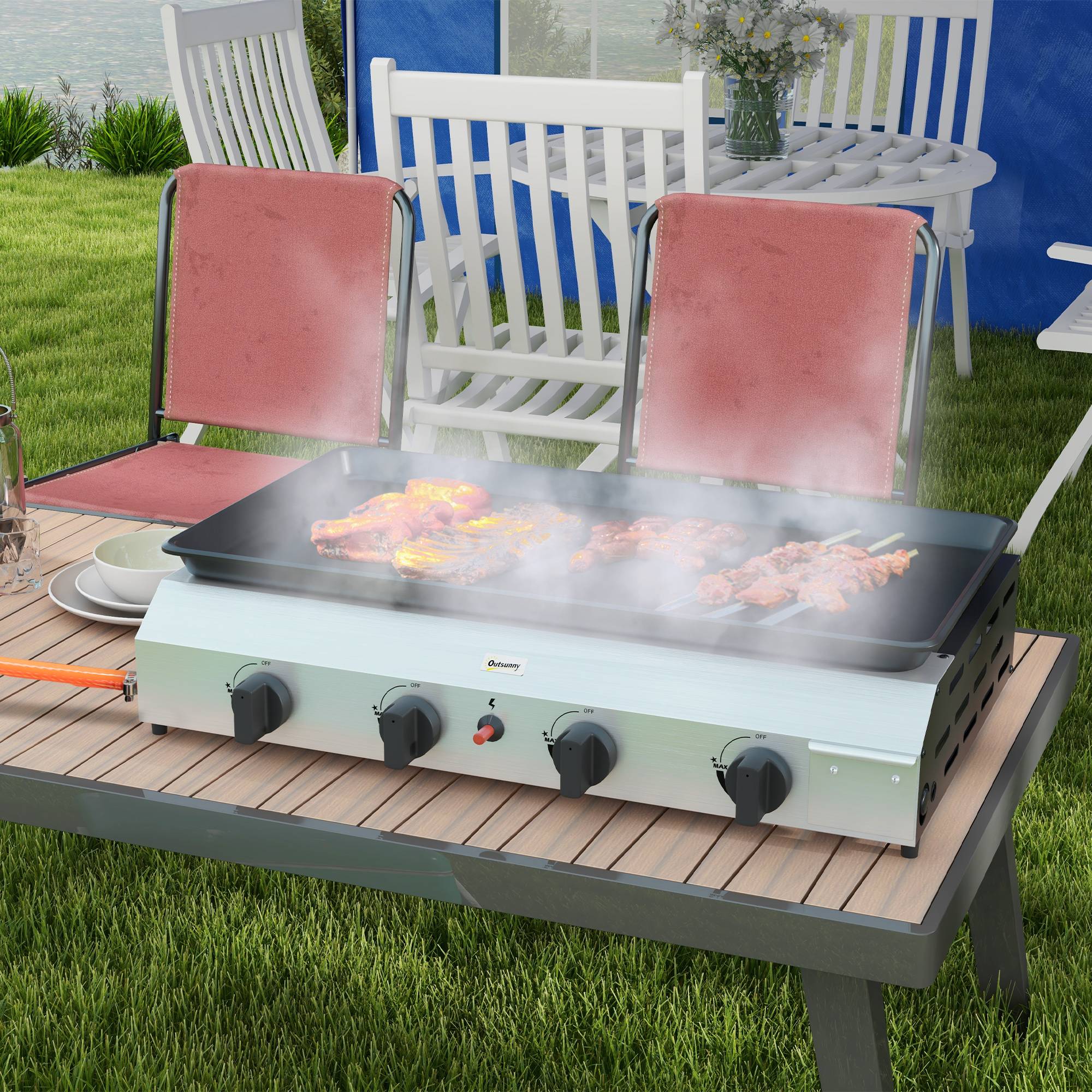 Plancha gaz en acier inox émaillé 4 brûleurs 9,6 kW antiadhésive grande surface de cuisson 73L x 34l cm, transportable - Image 3