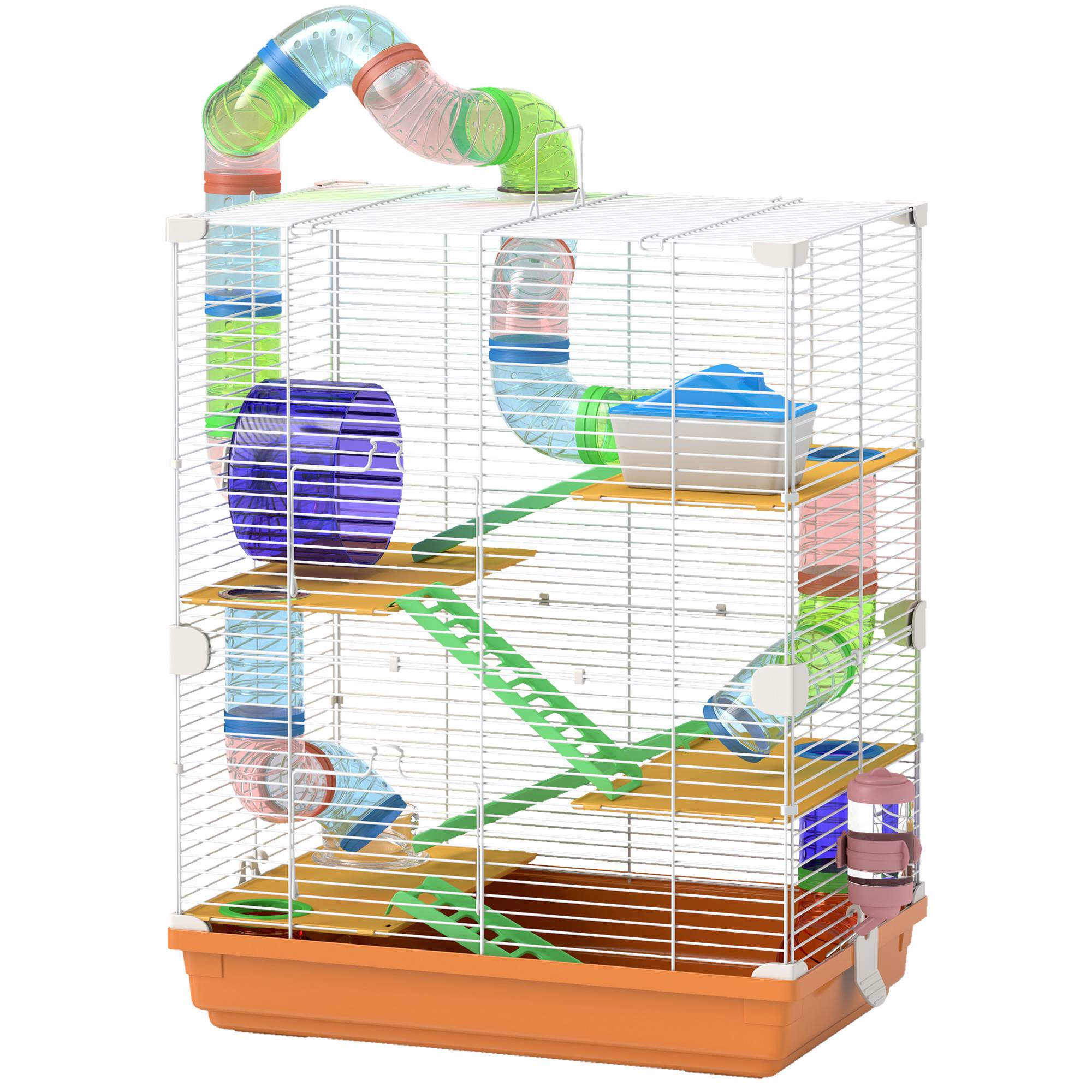Sans Marque - Cage hamster tunnel plateformes gamelle biberon maisonnette rampes roue exercice 46x30x58 cm orange - Image 2