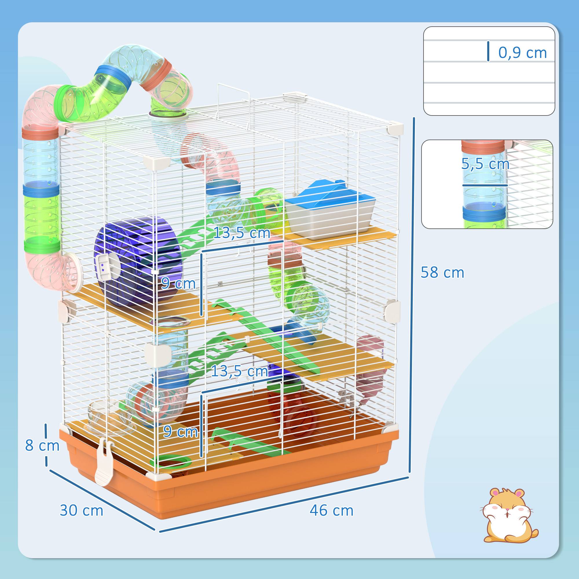 Sans Marque - Cage hamster tunnel plateformes gamelle biberon maisonnette rampes roue exercice 46x30x58 cm orange - Image 5