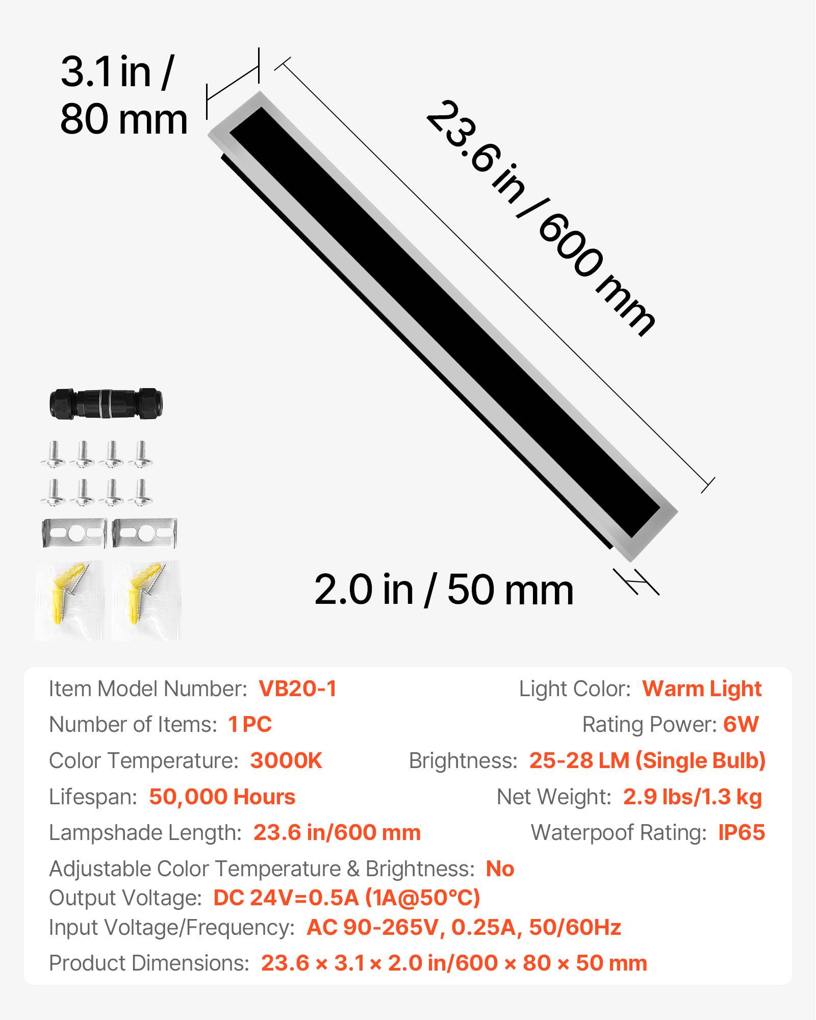 VEVOR Applique Murale d'Extérieur Éclairage Moderne LED 6 W 60 cm Étanche IP65 - Image 7