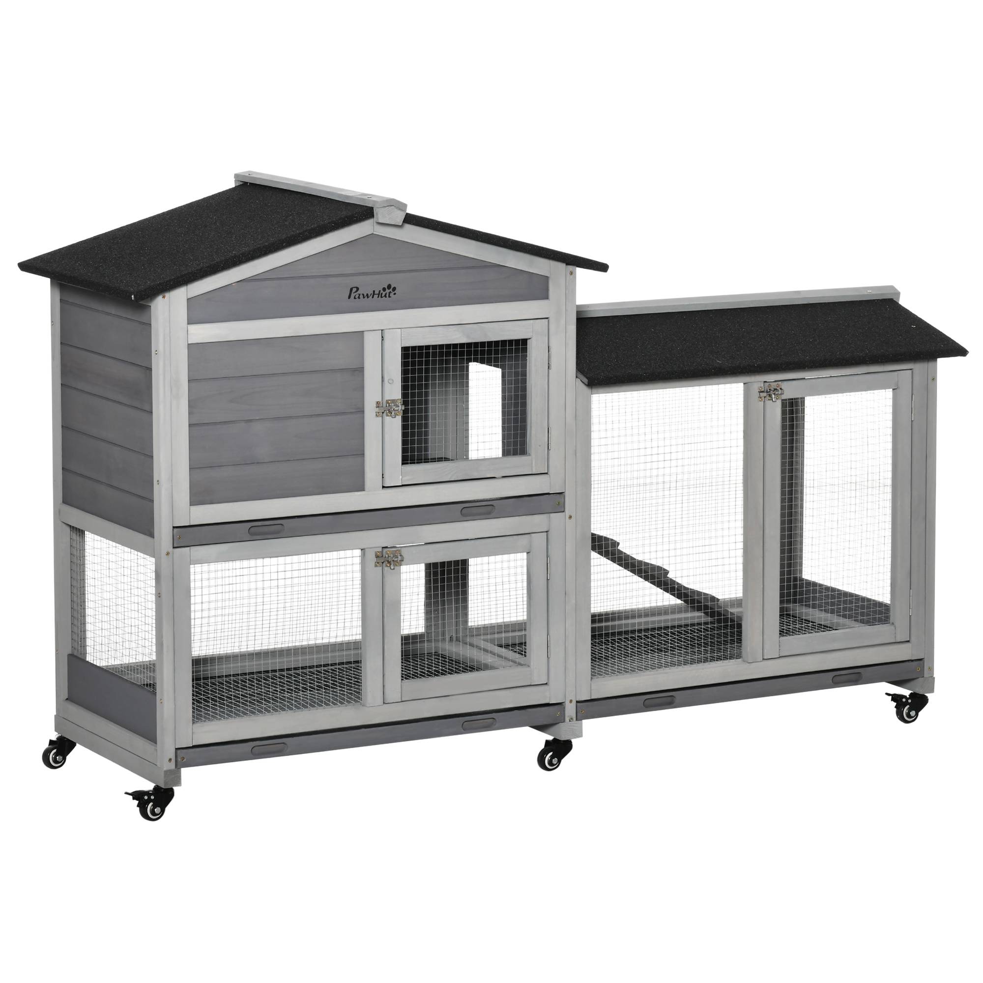 Clapier bois pour lapins petit enclos animaux villa pour lapin sur roulettes 2 étages gris - Image 2