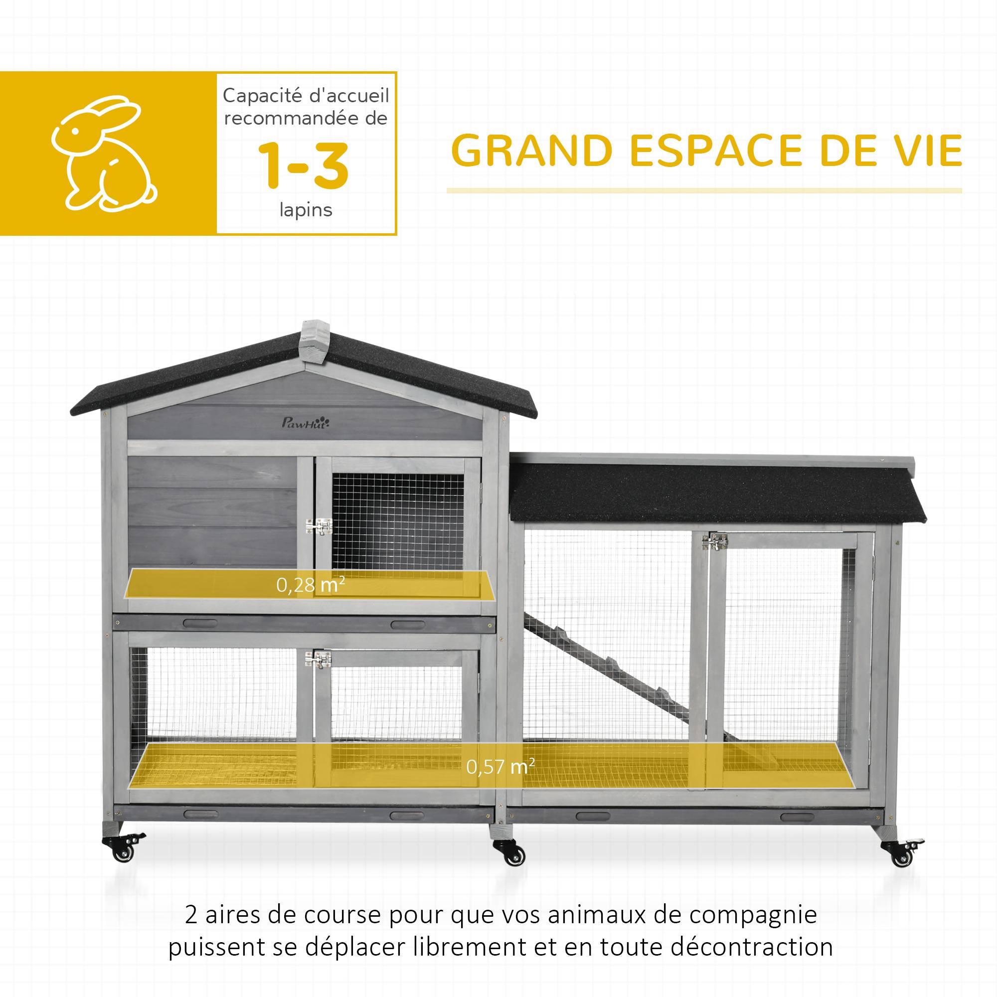 Clapier bois pour lapins petit enclos animaux villa pour lapin sur roulettes 2 étages gris - Image 6