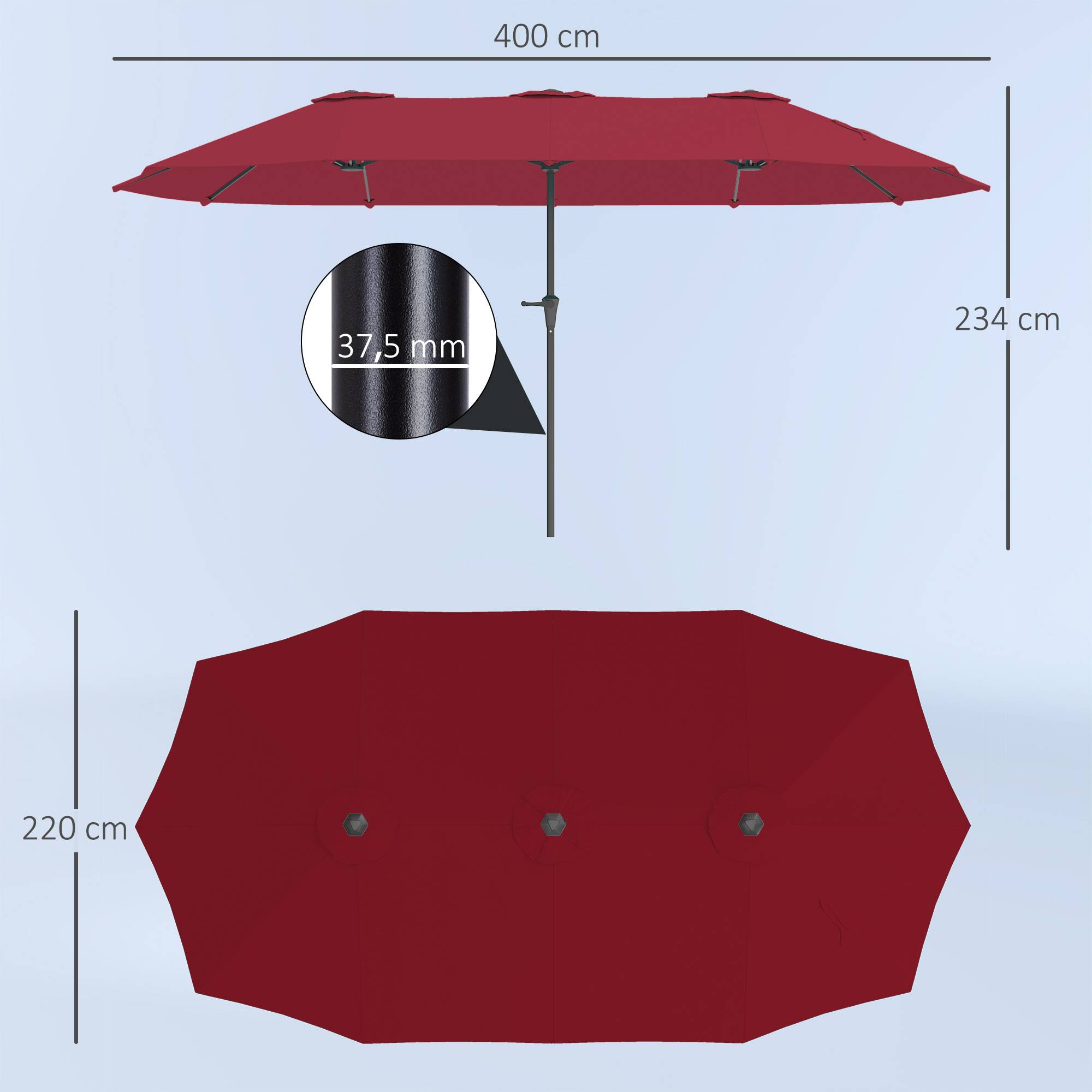 Parasol de jardin extérieur, parasol double rectangulaire - 4 x 2,2 x 2,3m Rouge vineux fr269 - Image 5