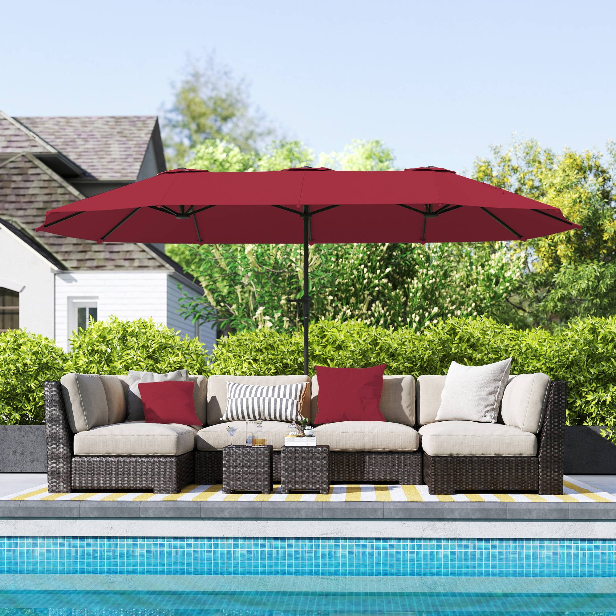 Parasol de jardin extérieur, parasol double rectangulaire - 4 x 2,2 x 2,3m Rouge vineux fr269 - Image 4