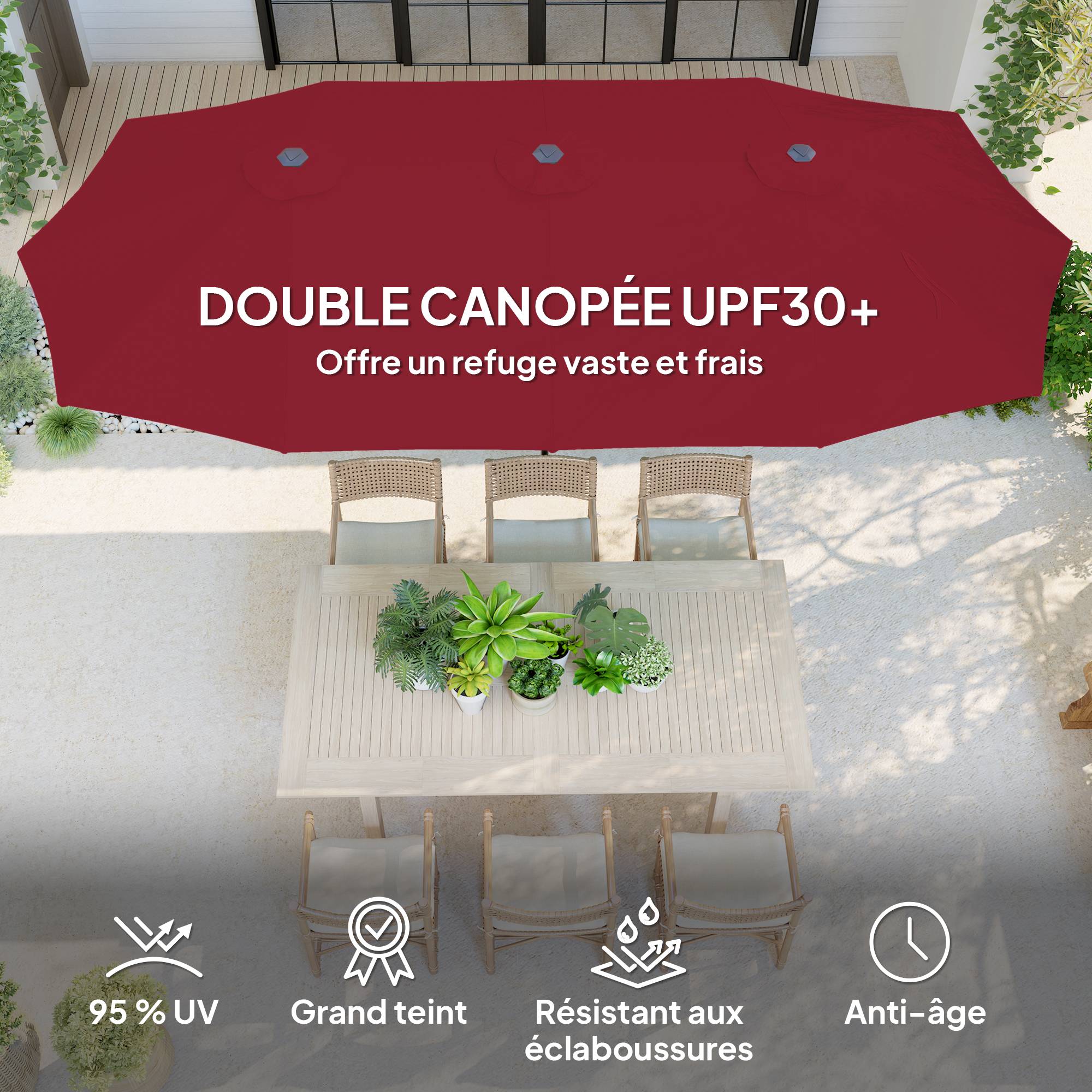 Parasol de jardin extérieur, parasol double rectangulaire - 4 x 2,2 x 2,3m Rouge vineux fr269 - Image 6