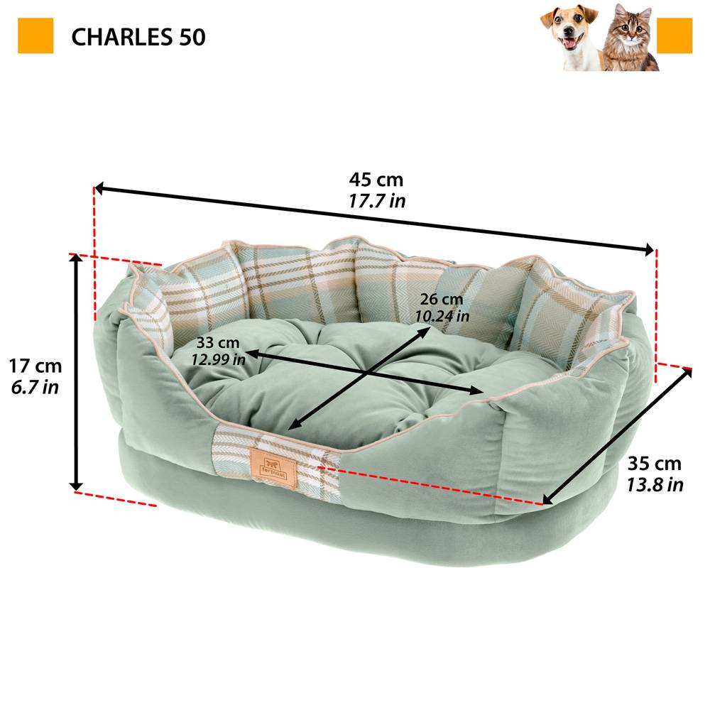 Ferplast - Ferplast couchage rembourré pour chats et chiens CHARLES 50, divan avec coussin, sofa pour animaux, écossais, velours doux, lavable, 45x35x17, marron - Image 2