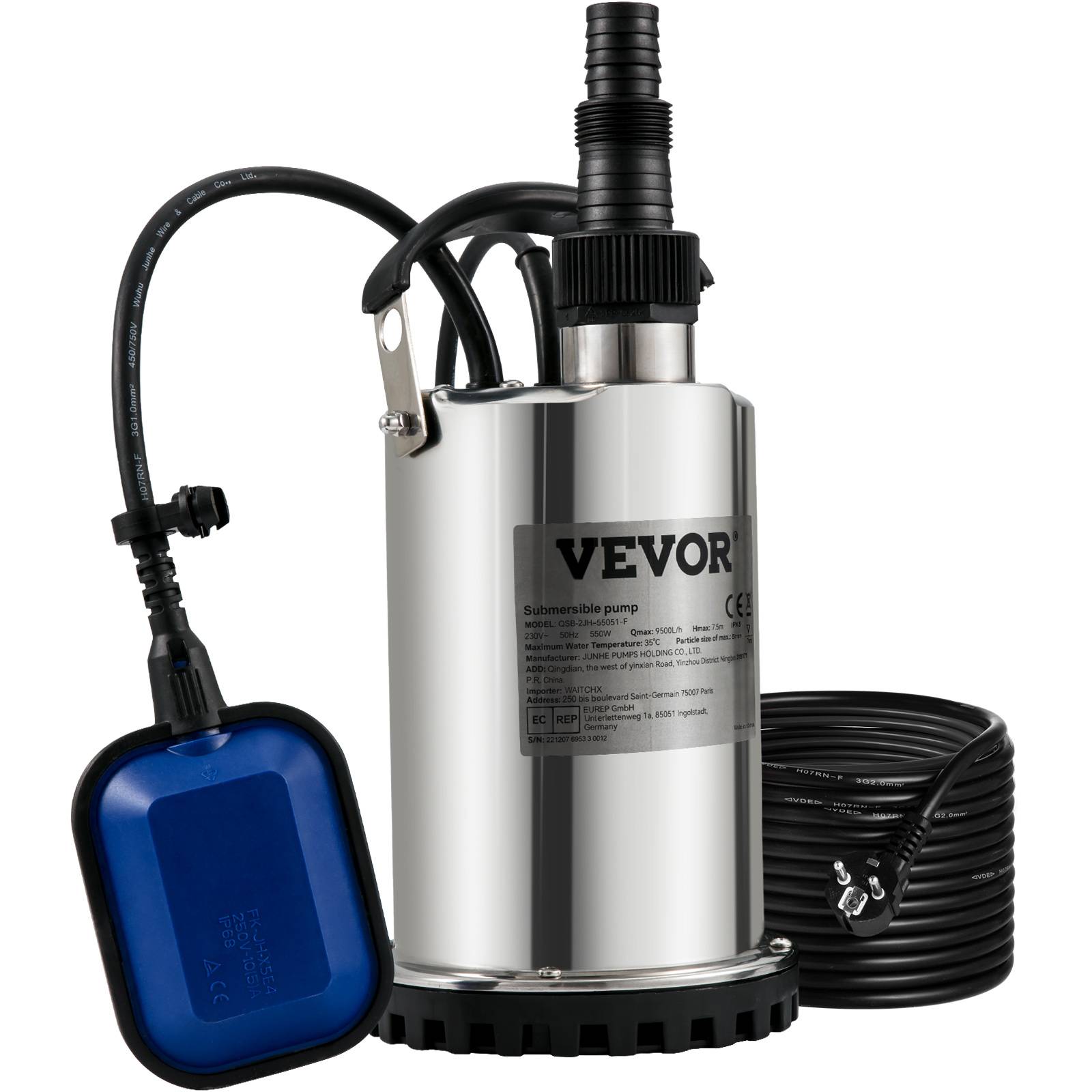 VEVOR Pompe relevage eaux chargées 550W, 158 L/min, immergée, pour piscine, cave, fosse septique. - Image 1